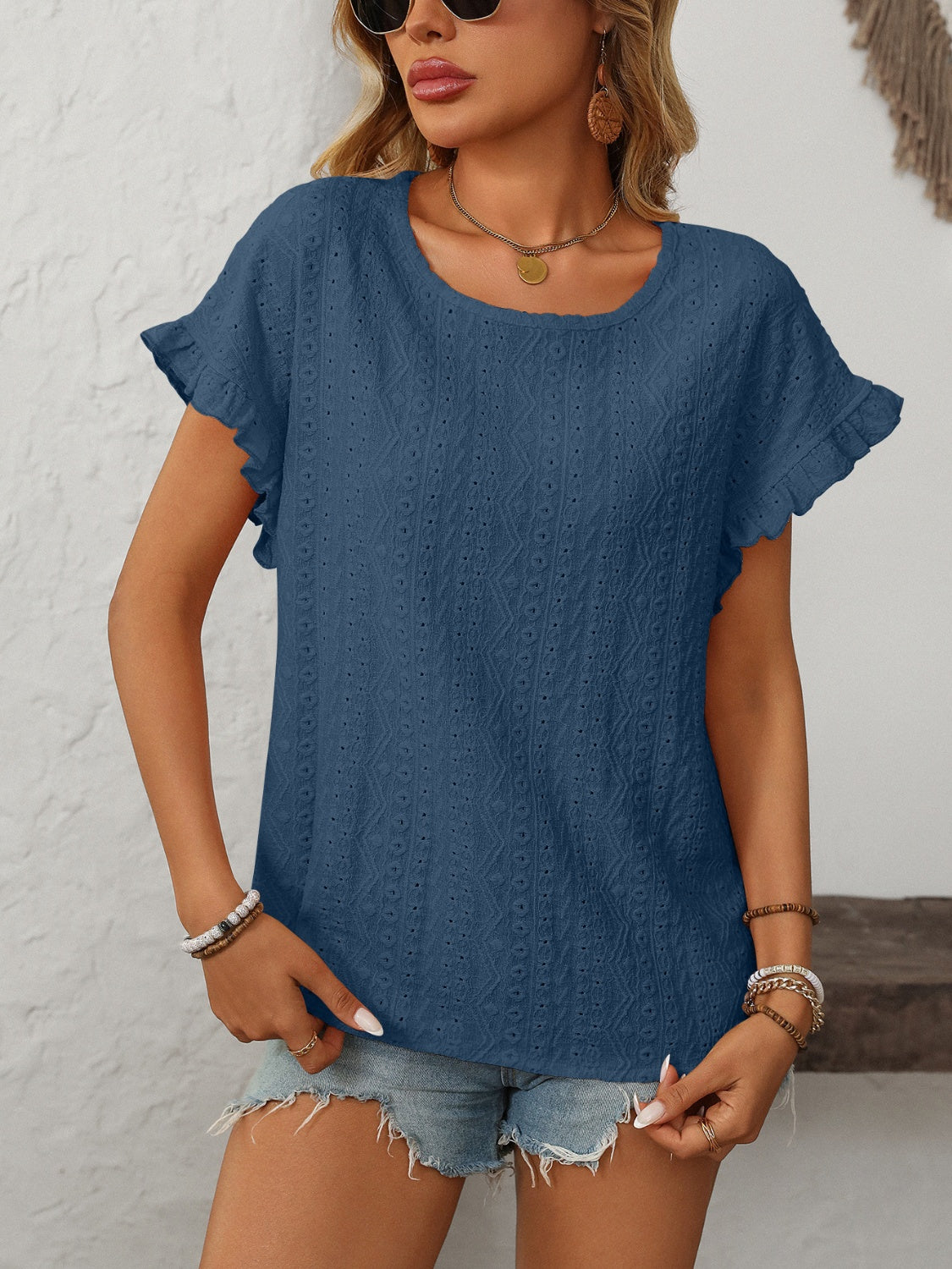 Mandy Eyelet Round Neck Short Sleeve Top-TOPS / DRESSES-[Adult]-[Female]-2022 Online Blue Zone Planet