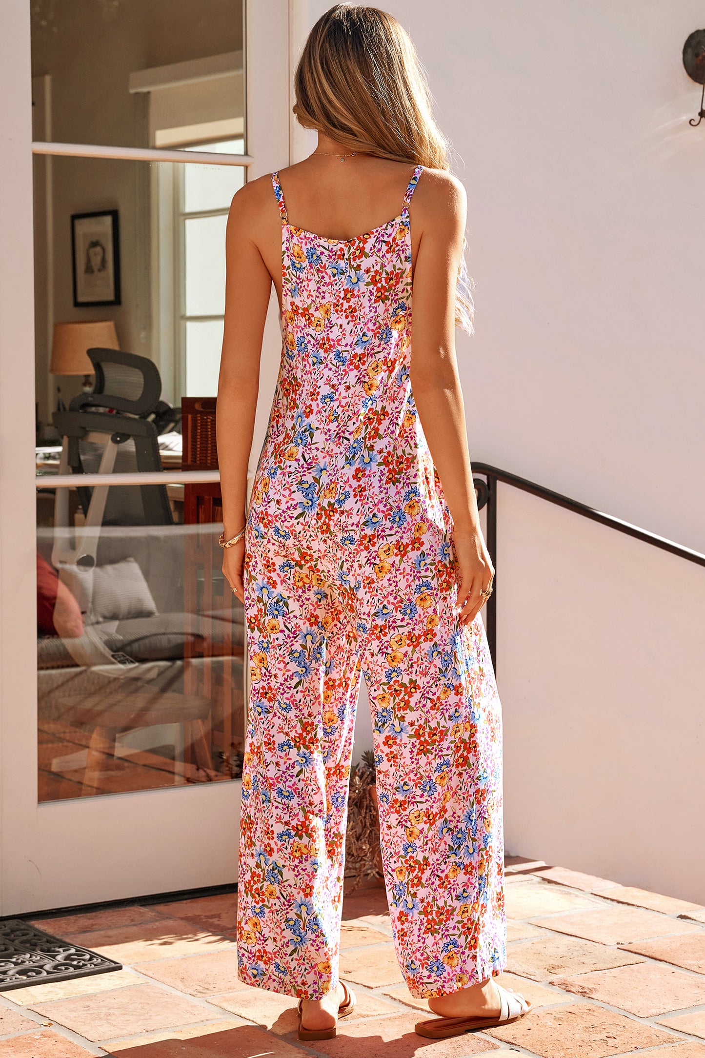 Multicolour Floral Print Spaghetti Straps Loose Pocketed Jumpsuit-Bottoms/Jumpsuits & Rompers-[Adult]-[Female]-2022 Online Blue Zone Planet