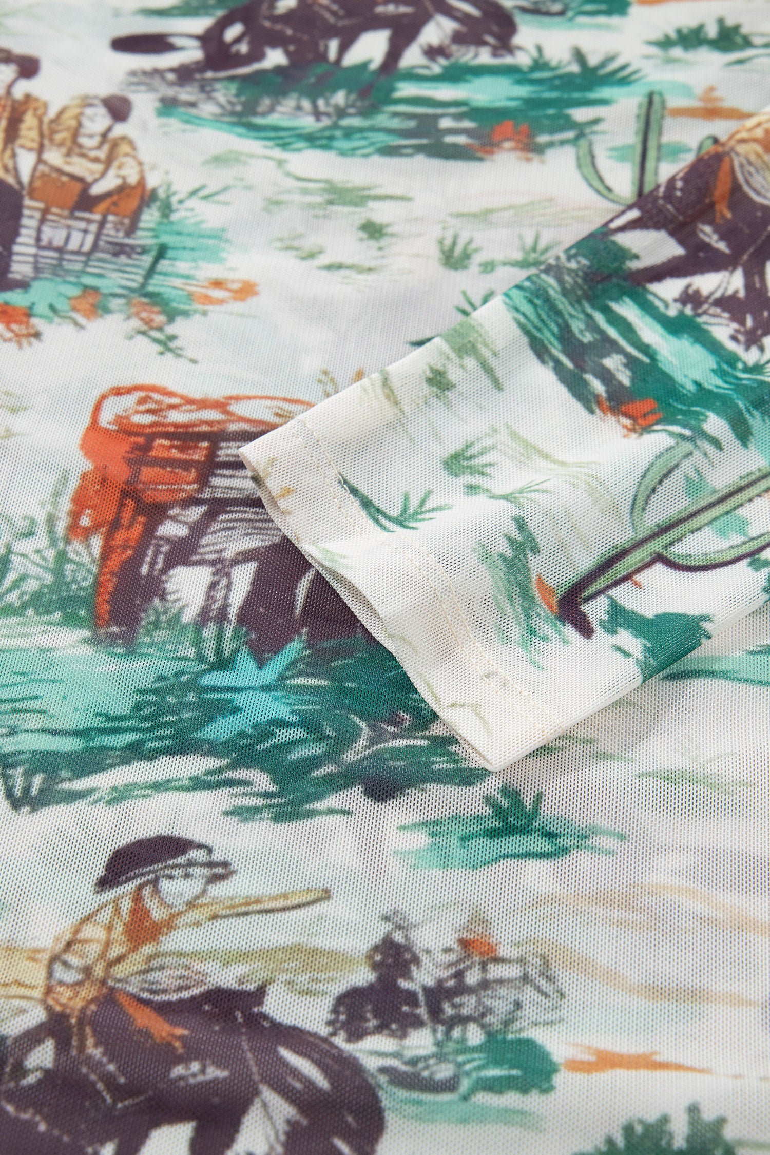 Green Western Print Long Sleeve Round Neck Slim Top-Tops/Long Sleeve Tops-[Adult]-[Female]-2022 Online Blue Zone Planet