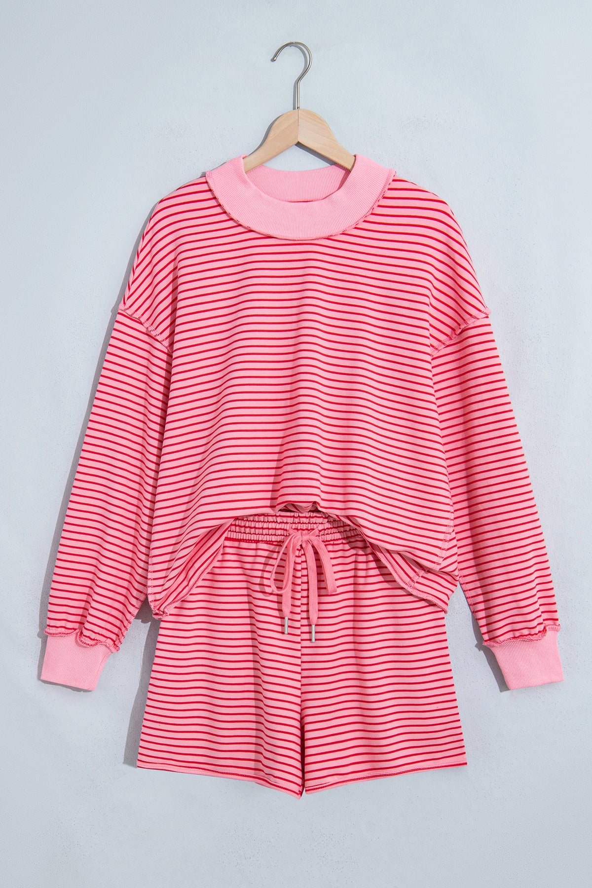 Blue Stripe Ribbed Patchwork Mock Neck Baggy Pullover Matching Shorts Set-Two Piece Sets/Short Sets-[Adult]-[Female]-2022 Online Blue Zone Planet