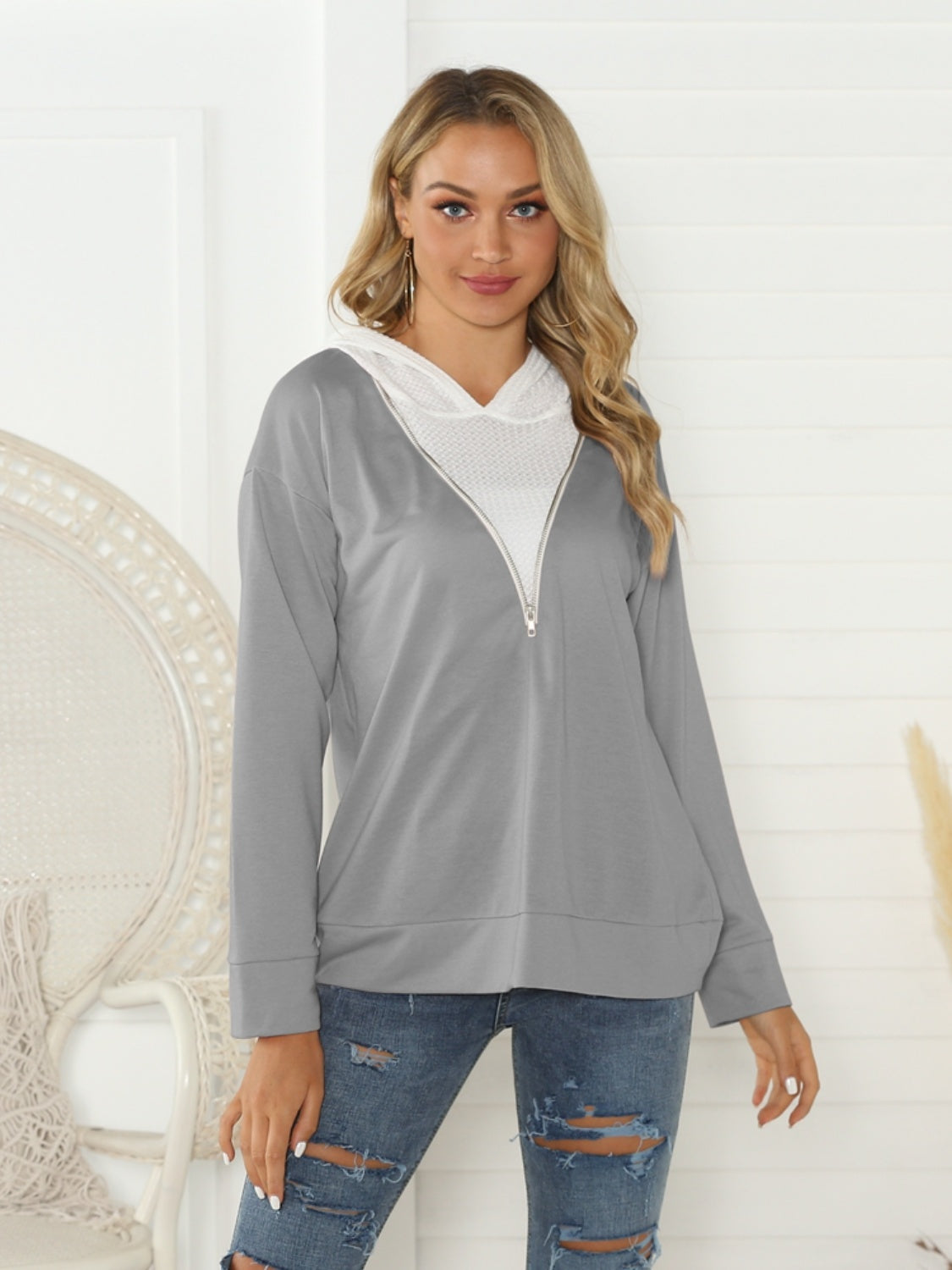 Blue Zone Planet | Contrast Zip Detail Hoodie-TOPS / DRESSES-[Adult]-[Female]-Gray-2XL-2022 Online Blue Zone Planet