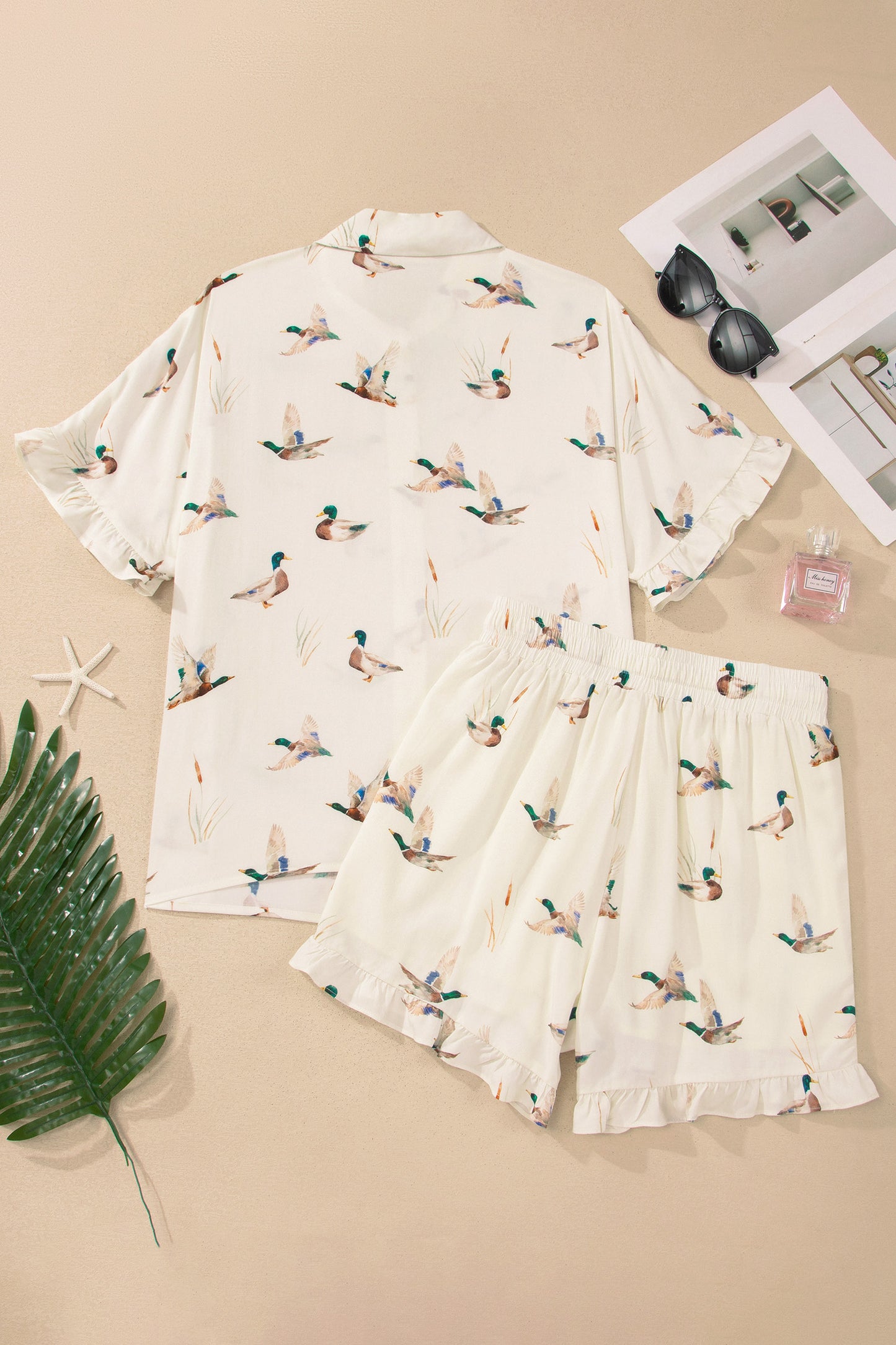 Beige Mallard Print Shirt Style Short Two Piece Set-Two Piece Sets/Short Sets-[Adult]-[Female]-2022 Online Blue Zone Planet