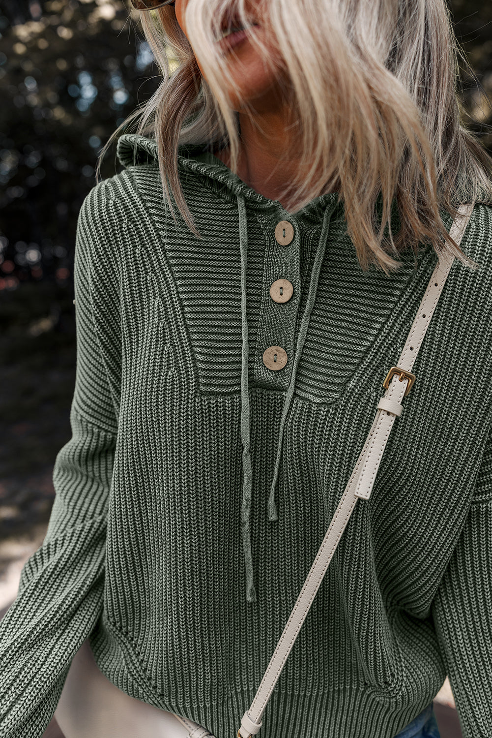 Mist Green Mineral Wash Ribbed Knit Button Drawstring Neck Hooded Sweater-Sweaters & Cardigans/Sweaters-[Adult]-[Female]-2022 Online Blue Zone Planet
