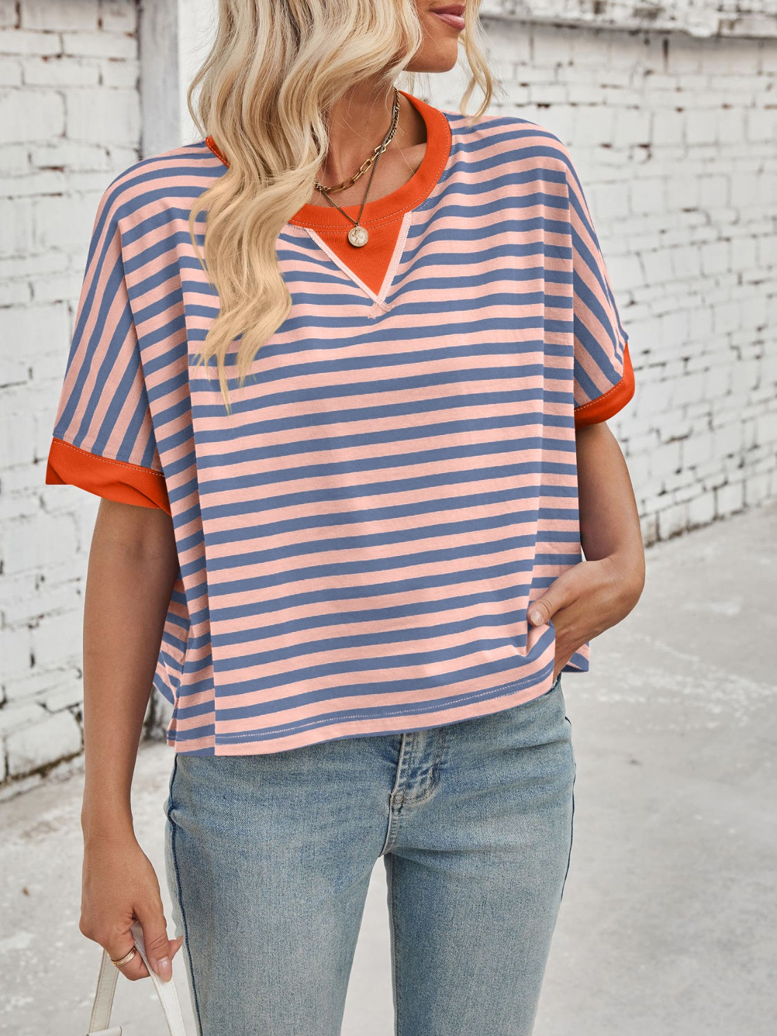 Lovelet Striped Round Neck Short Sleeve T-Shirt-TOPS / DRESSES-[Adult]-[Female]-2022 Online Blue Zone Planet