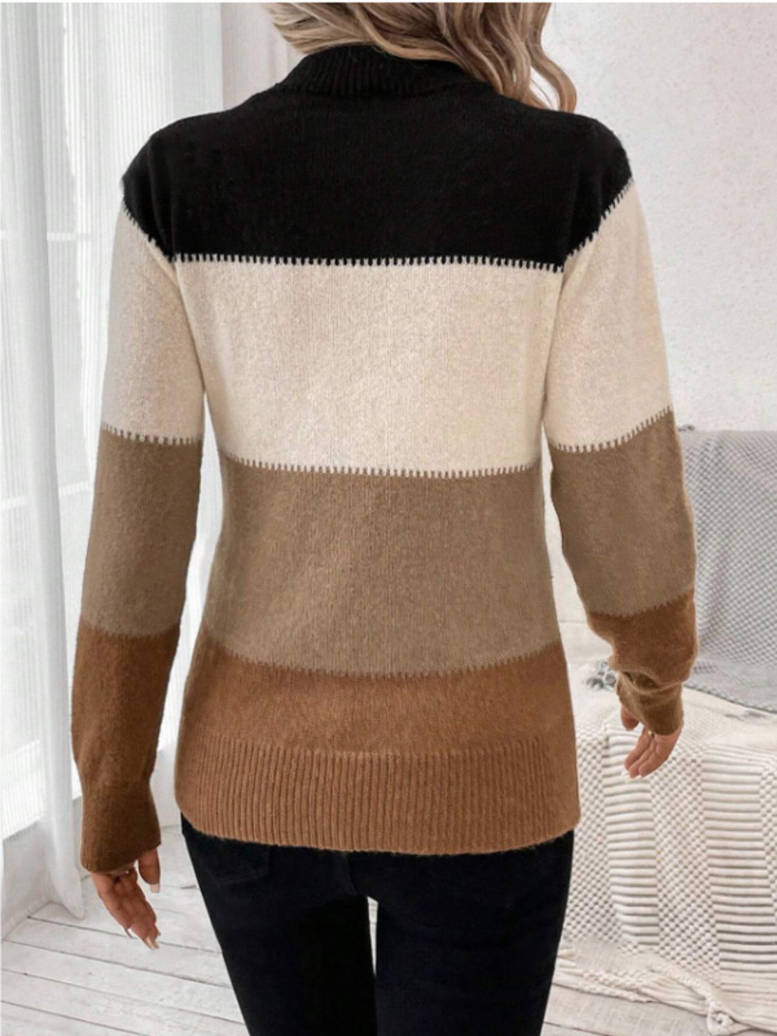 Blue Zone Planet | Color Block Mock Neck Long Sleeve Sweater-TOPS / DRESSES-[Adult]-[Female]-2022 Online Blue Zone Planet