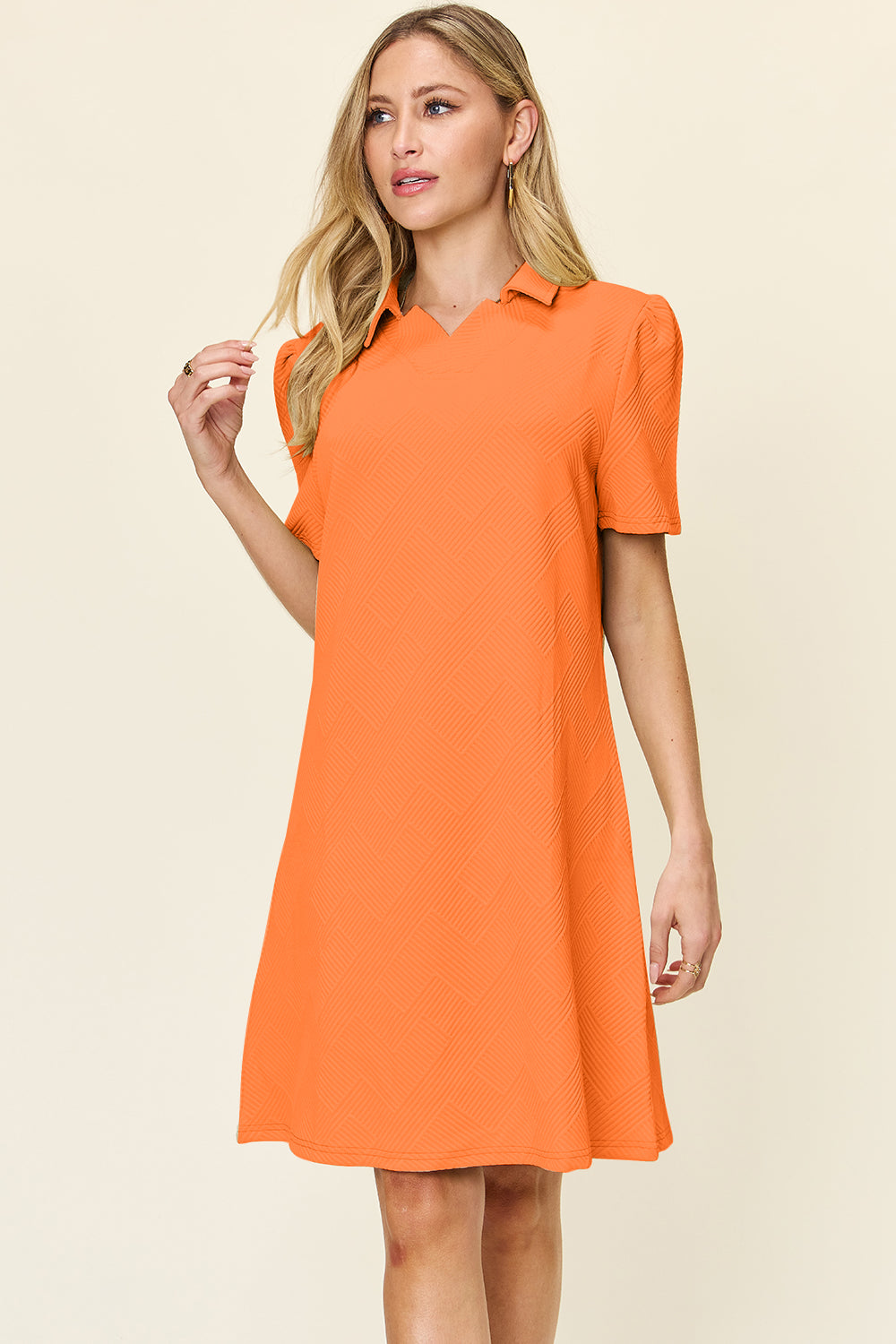 Blue Zone Planet | Double Take Full Size Texture Collared Neck Short Sleeve Dress-TOPS / DRESSES-[Adult]-[Female]-Tangerine-S-2022 Online Blue Zone Planet