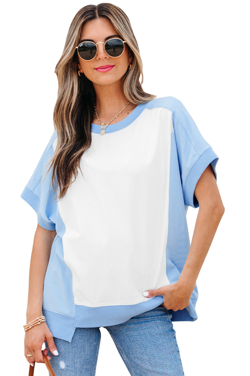 Sky Blue Color Block Exposed Seam Crew Neck T Shirt-Tops/Tops & Tees-[Adult]-[Female]-2022 Online Blue Zone Planet