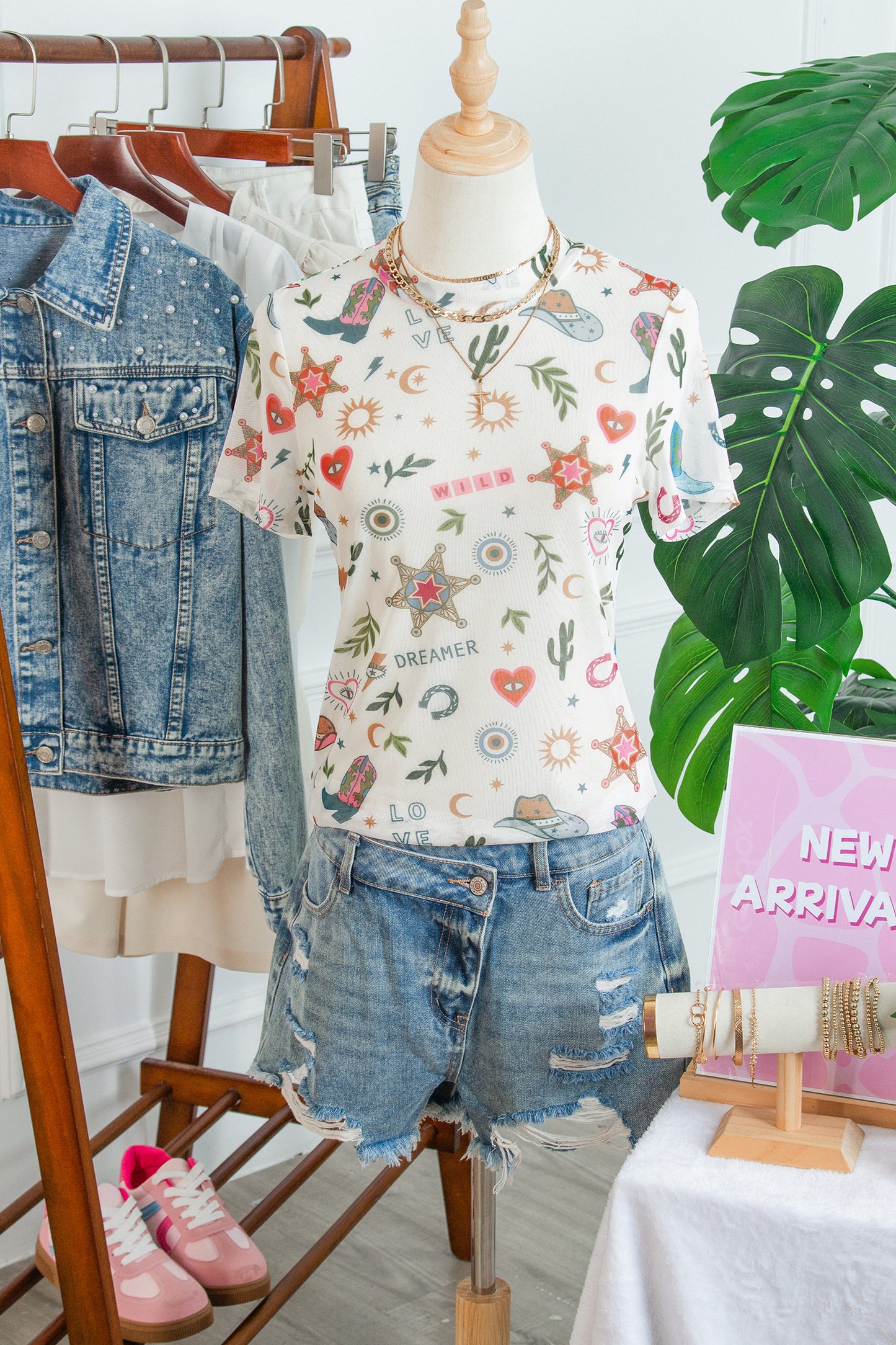 White Love Wild Dreamer Western Print Sheer Mesh Top-Tops/Tops & Tees-[Adult]-[Female]-2022 Online Blue Zone Planet