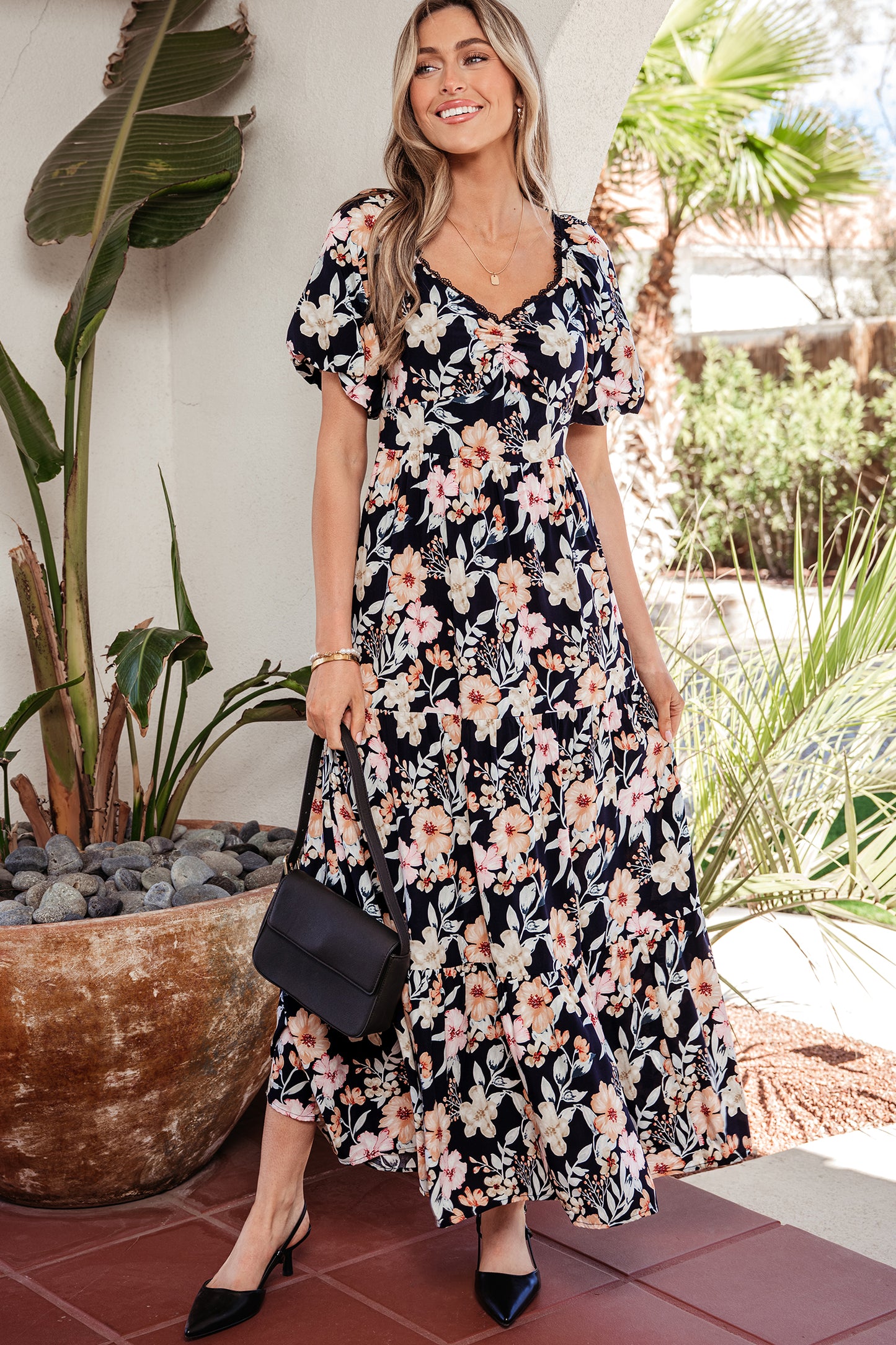 Blue Short Sleeve Smocked Detail High Waist Floral Maxi Dress-TOPS / DRESSES-[Adult]-[Female]-2022 Online Blue Zone Planet