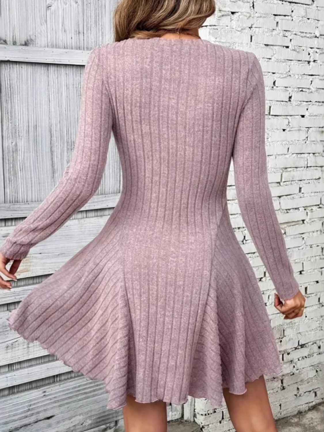 Ribbed Round Neck Long Sleeve Mini Dress-TOPS / DRESSES-[Adult]-[Female]-2022 Online Blue Zone Planet