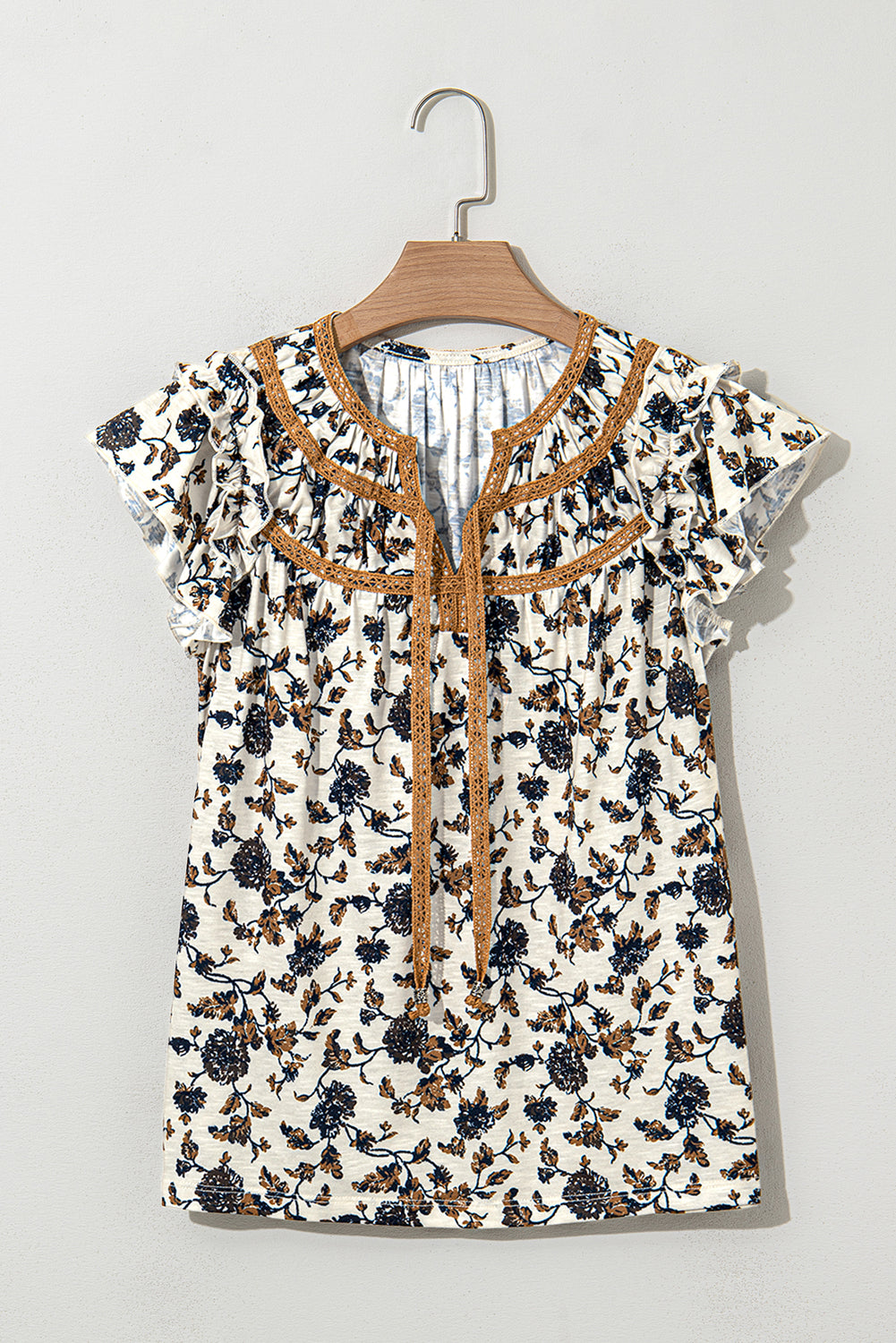 White Floral Frilly Blouse With Lace Up-Tops/Blouses & Shirts-[Adult]-[Female]-2022 Online Blue Zone Planet