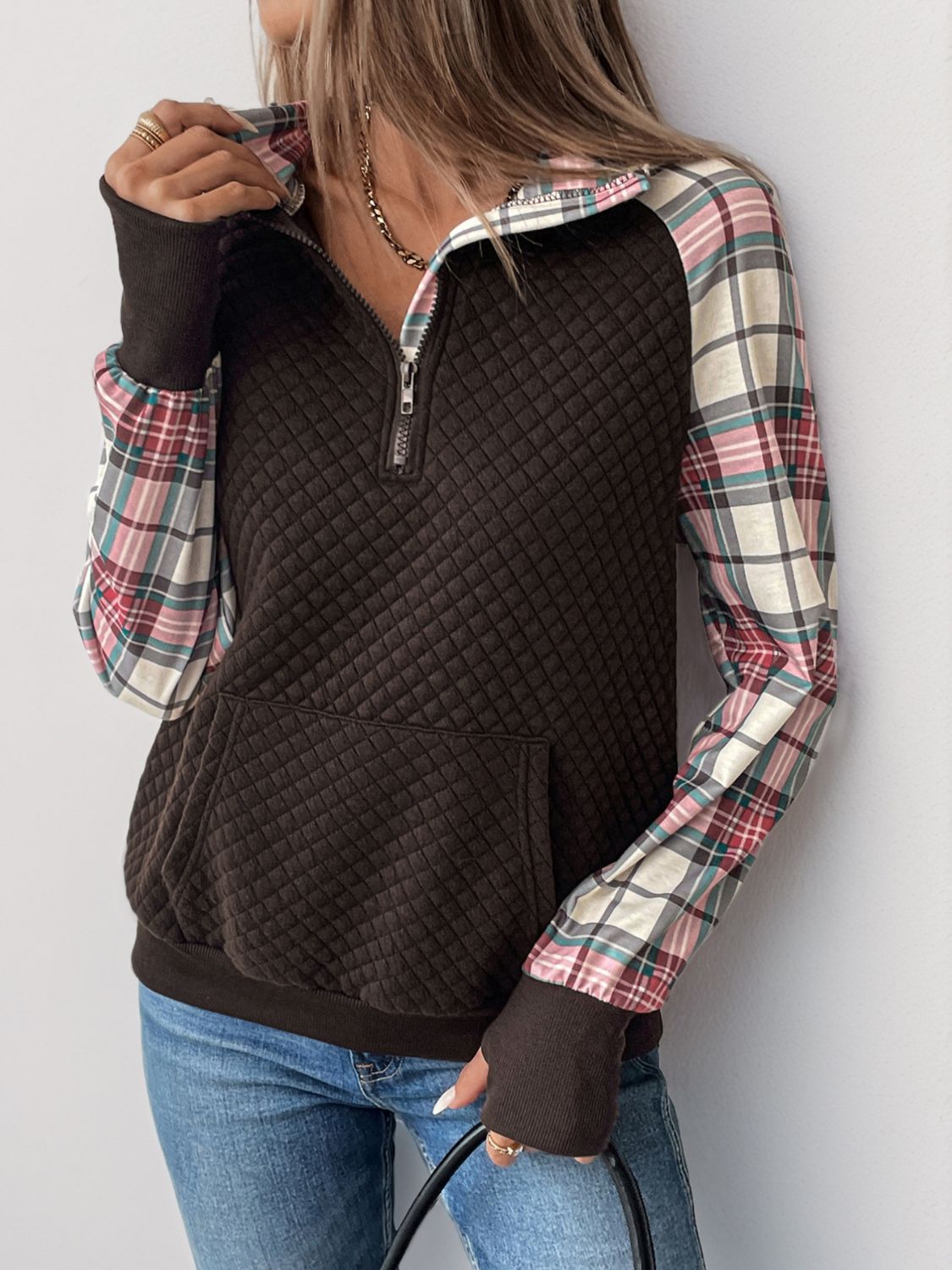 Perfee Plaid Half Zip Long Sleeve Sweatshirt-TOPS / DRESSES-[Adult]-[Female]-2022 Online Blue Zone Planet