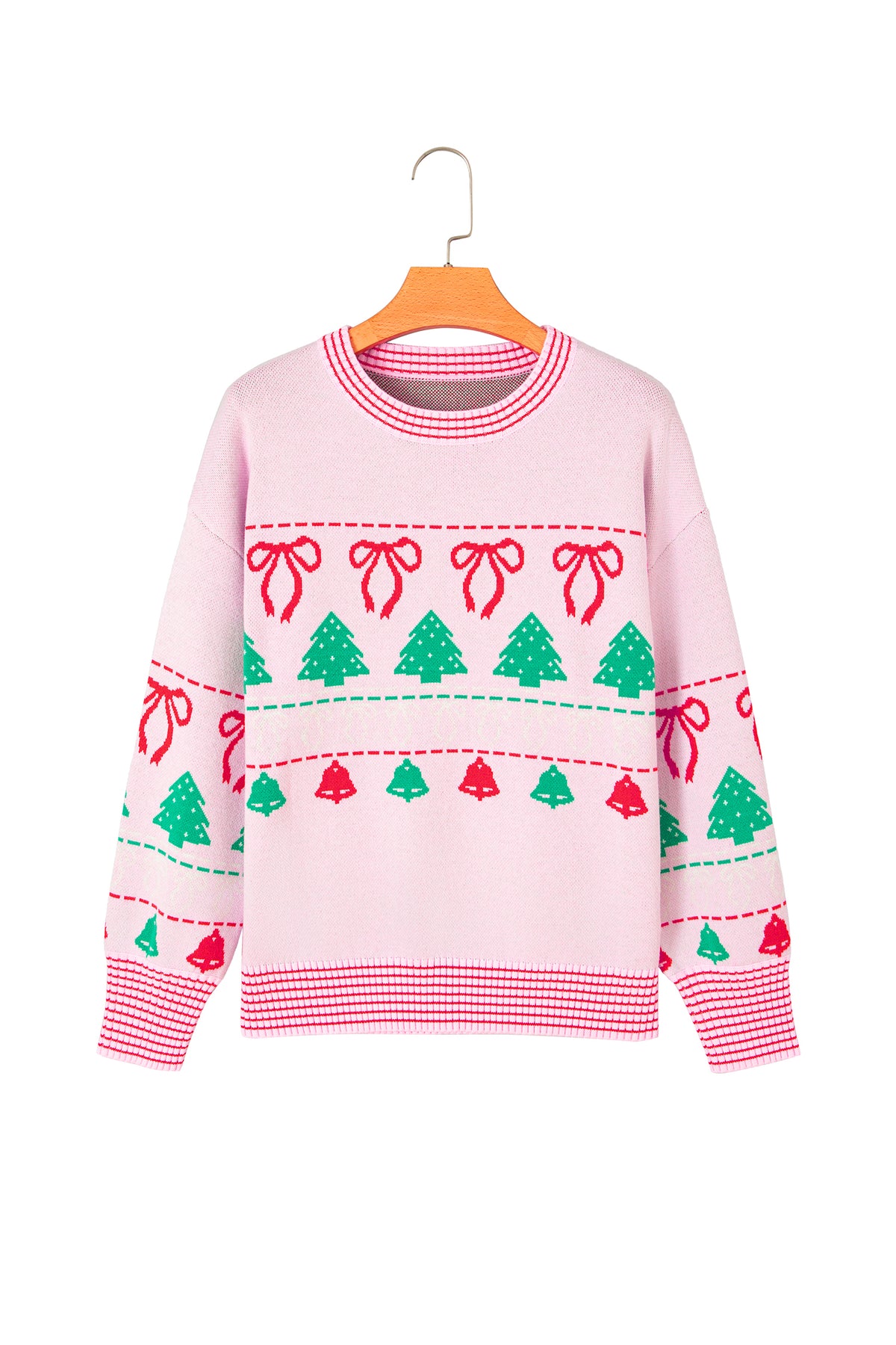 Pink Festive Holiday Print Round Neck Loose Tunic Sweater-TOPS / DRESSES-[Adult]-[Female]-2022 Online Blue Zone Planet