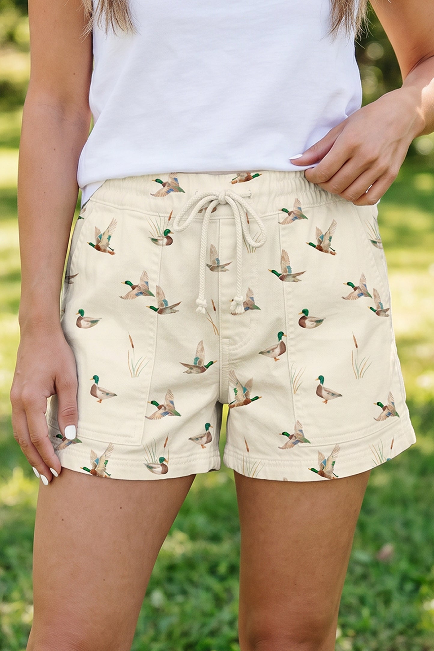 Beige Wild Duck Mallard Printed Drawstring Denim Shorts-Bottoms/Denim Shorts-[Adult]-[Female]-Beige-4-2022 Online Blue Zone Planet