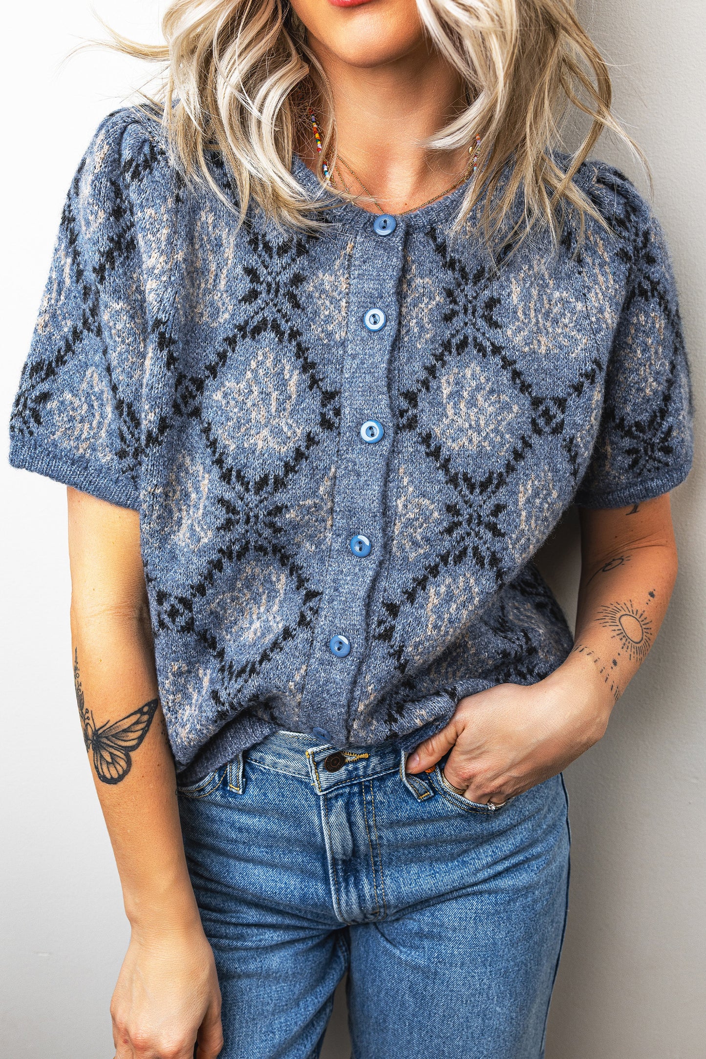 Dark Blue Short Sleeve Button Front Boho Knit Top Cardigan-Sweaters & Cardigans/Cardigans-[Adult]-[Female]-2022 Online Blue Zone Planet