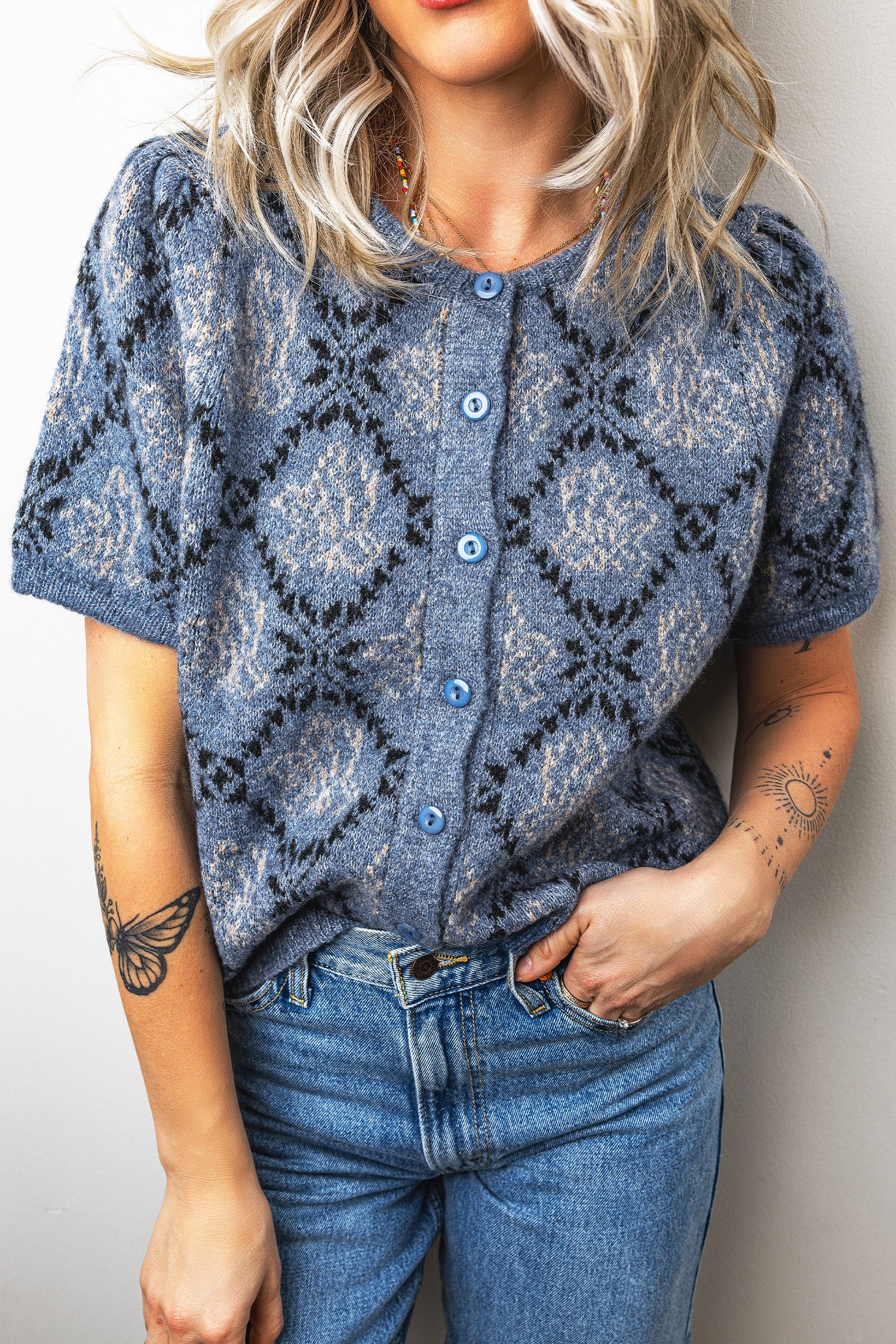 Dark Blue Short Sleeve Button Front Boho Knit Top Cardigan-Sweaters & Cardigans/Cardigans-[Adult]-[Female]-2022 Online Blue Zone Planet