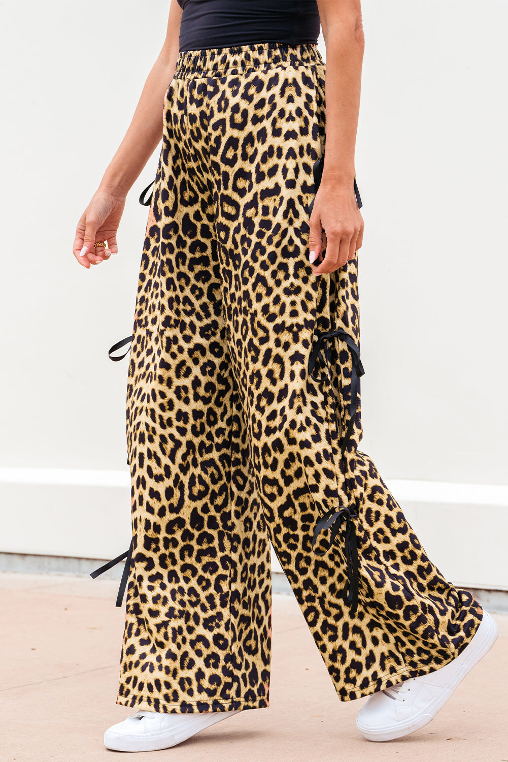 Brown Leopard Print Bow Tie Drawstring Elastic Waist Loose High Waist Pants-Bottoms/Pants & Culotte-[Adult]-[Female]-2022 Online Blue Zone Planet