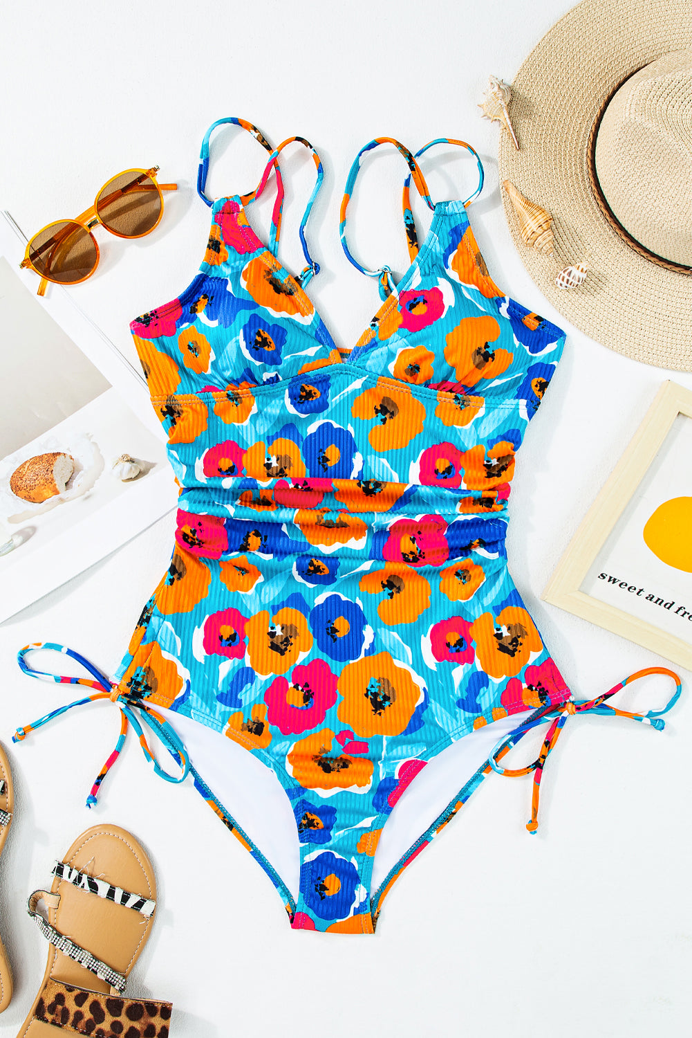 Sky Blue Orange Adjustable Straps Ribbed Knit One Piece Swimsuit-Swimwear/One Piece Swimsuit-[Adult]-[Female]-2022 Online Blue Zone Planet