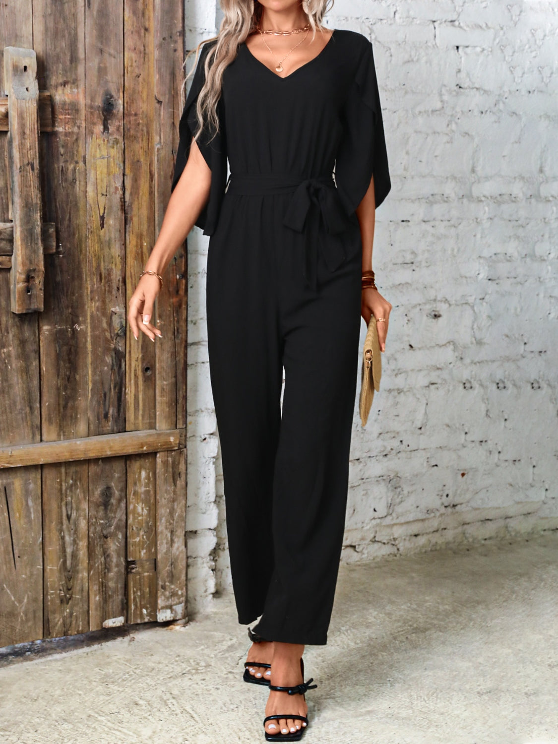 Blue Zone Planet | Tied V-Neck Half Sleeve Wide Leg Jumpsuit-TOPS / DRESSES-[Adult]-[Female]-2022 Online Blue Zone Planet