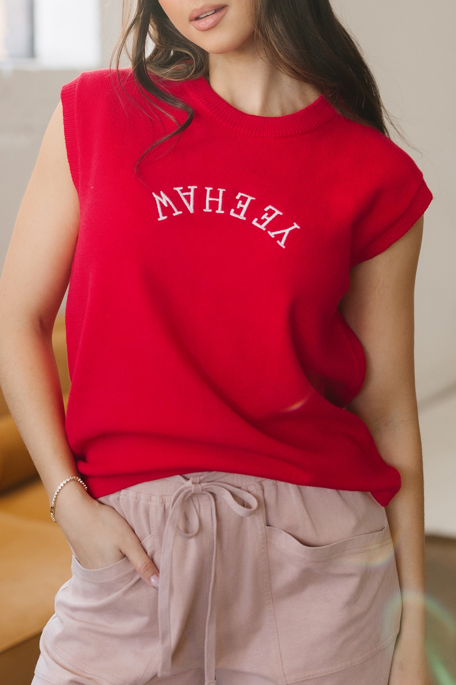 Fiery Red Yeehaw Embroidered Letter Loose Short Sleeve Sweater-TOPS / DRESSES-[Adult]-[Female]-2022 Online Blue Zone Planet