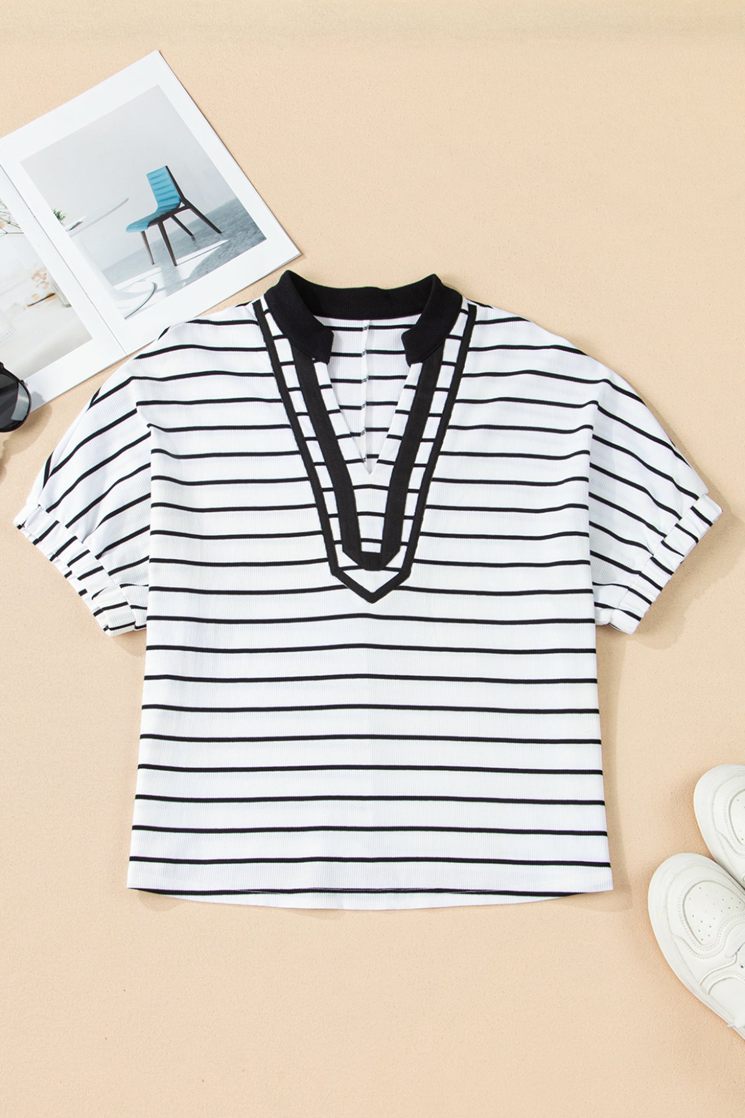 White Stripe Stand Collar V Neck Elastic Cuffs Half Sleeve Dolman Top-Tops/Blouses & Shirts-[Adult]-[Female]-2022 Online Blue Zone Planet
