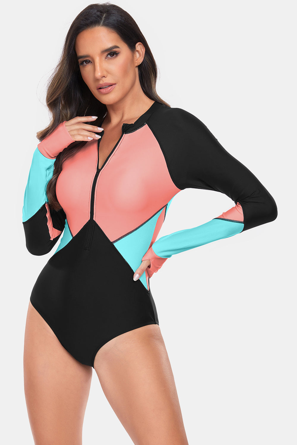 Color Block Half Zip Long Sleeve One-Piece Swimwear-TOPS / DRESSES-[Adult]-[Female]-2022 Online Blue Zone Planet