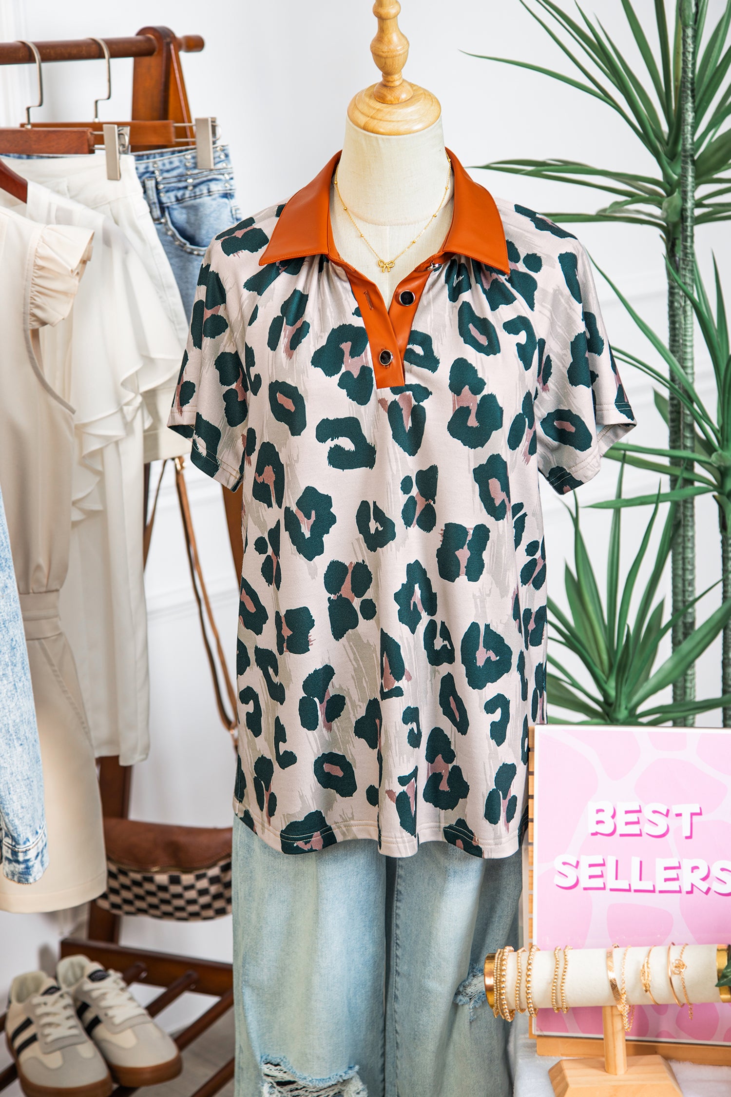 Casual Unique Leopard Print Button Contrast Collared Short Sleeve Blouse-Tops/Blouses & Shirts-[Adult]-[Female]-2022 Online Blue Zone Planet