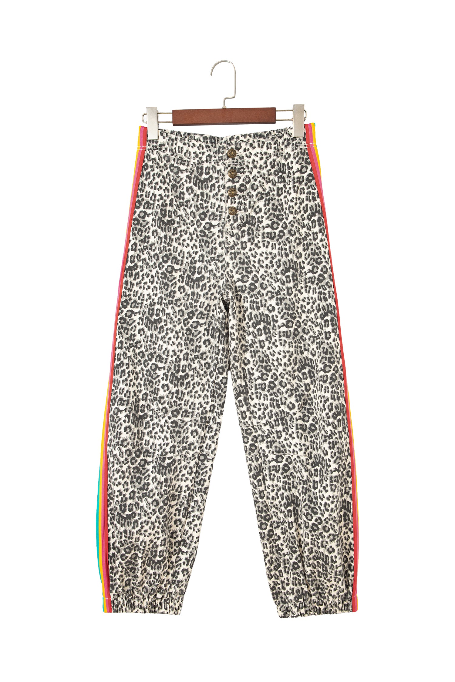 Brown Leopard Print Rainbow Striped Detail Buttoned Loose Jogger Jeans-Bottoms/Jeans-[Adult]-[Female]-2022 Online Blue Zone Planet