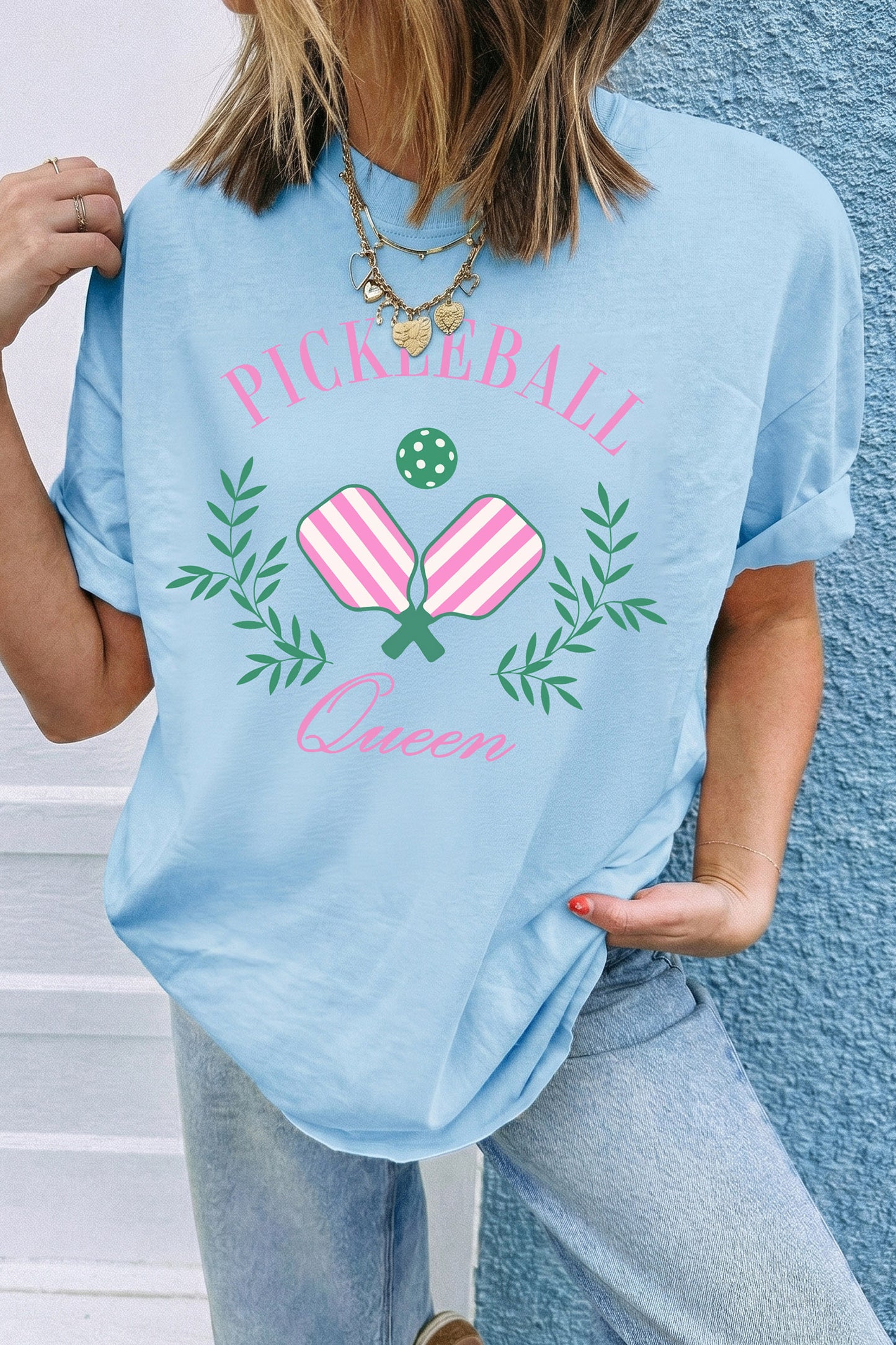 Light Blue Pickleball Queen Relaxed Graphic Tee-Graphic/Graphic Tees-[Adult]-[Female]-Light Blue-S-2022 Online Blue Zone Planet
