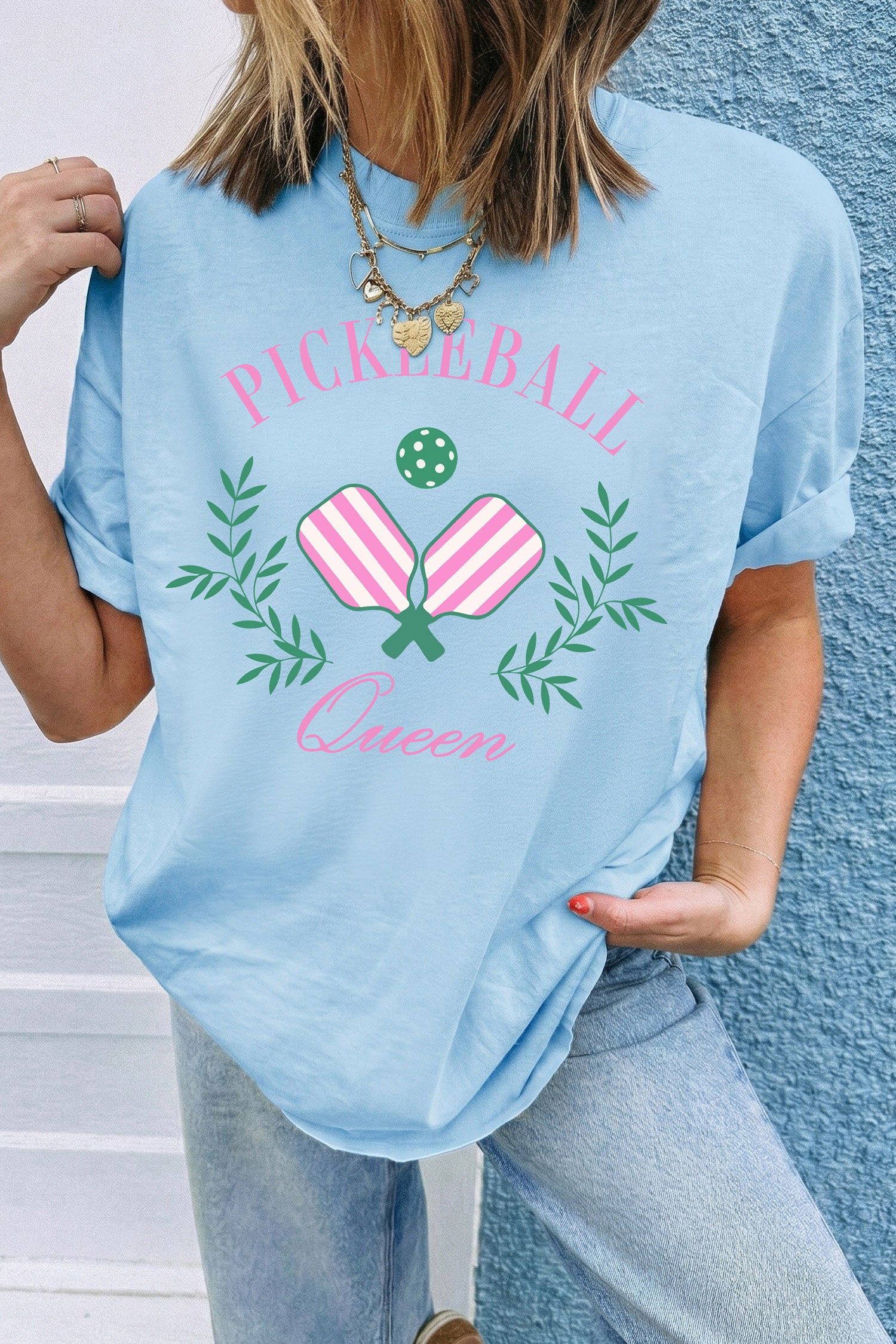 Light Blue Pickleball Queen Relaxed Graphic Tee-Graphic/Graphic Tees-[Adult]-[Female]-Light Blue-S-2022 Online Blue Zone Planet