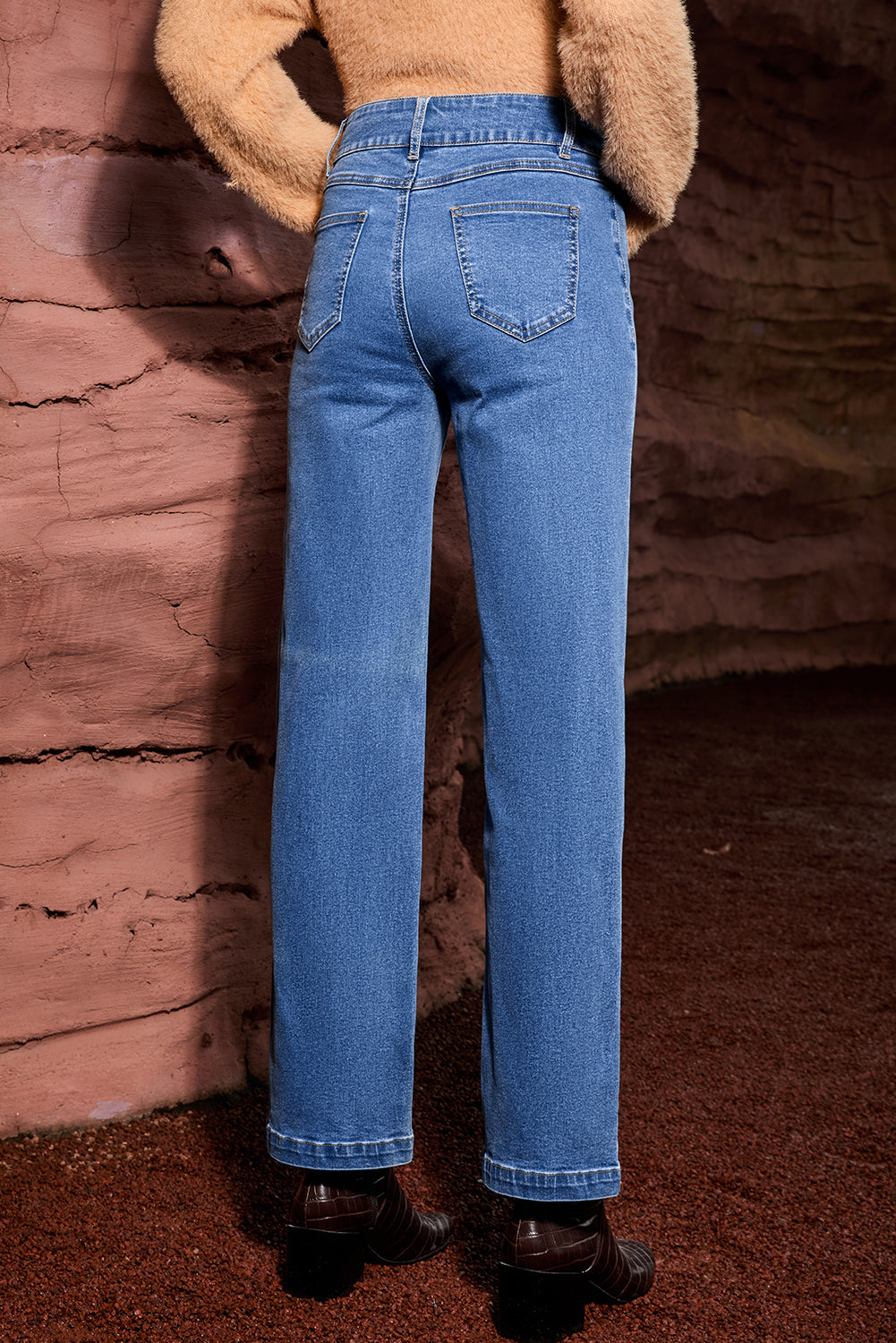 Light Blue Double Button High Rise Straight Leg Jeans-Bottoms/Jeans-[Adult]-[Female]-2022 Online Blue Zone Planet