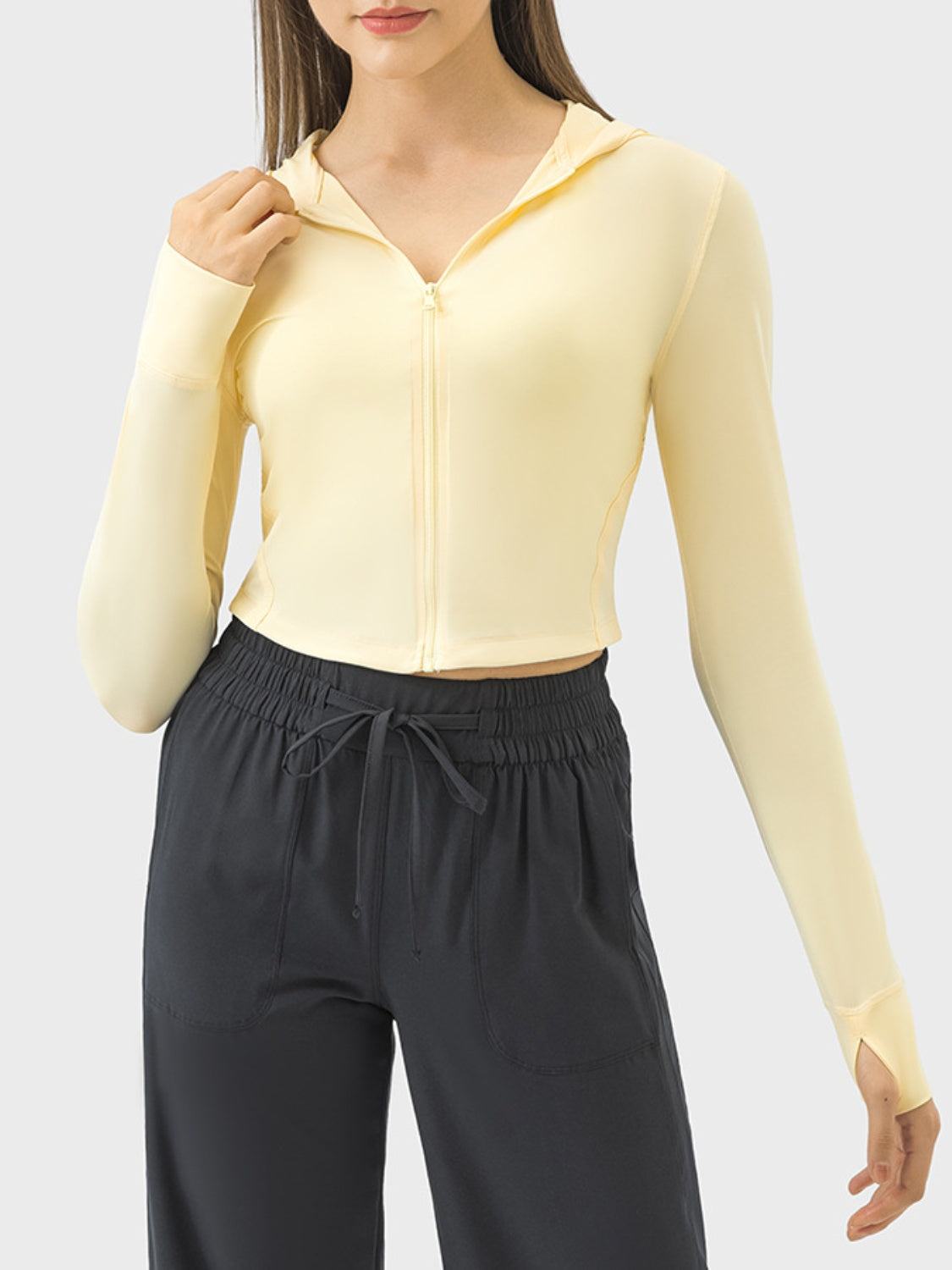 Zip Up Hooded Long Sleeve Active Outerwear-TOPS / DRESSES-[Adult]-[Female]-Light Yellow-S-2022 Online Blue Zone Planet