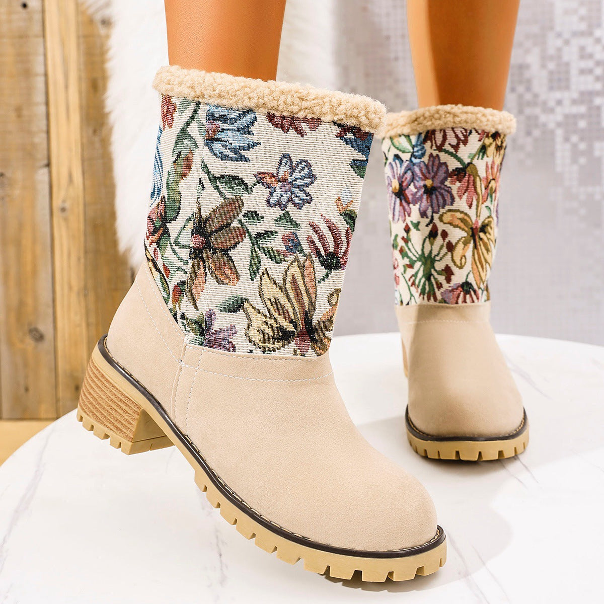 Embroidered Faux Fur Block Heel Boots-SHOES-[Adult]-[Female]-2022 Online Blue Zone Planet