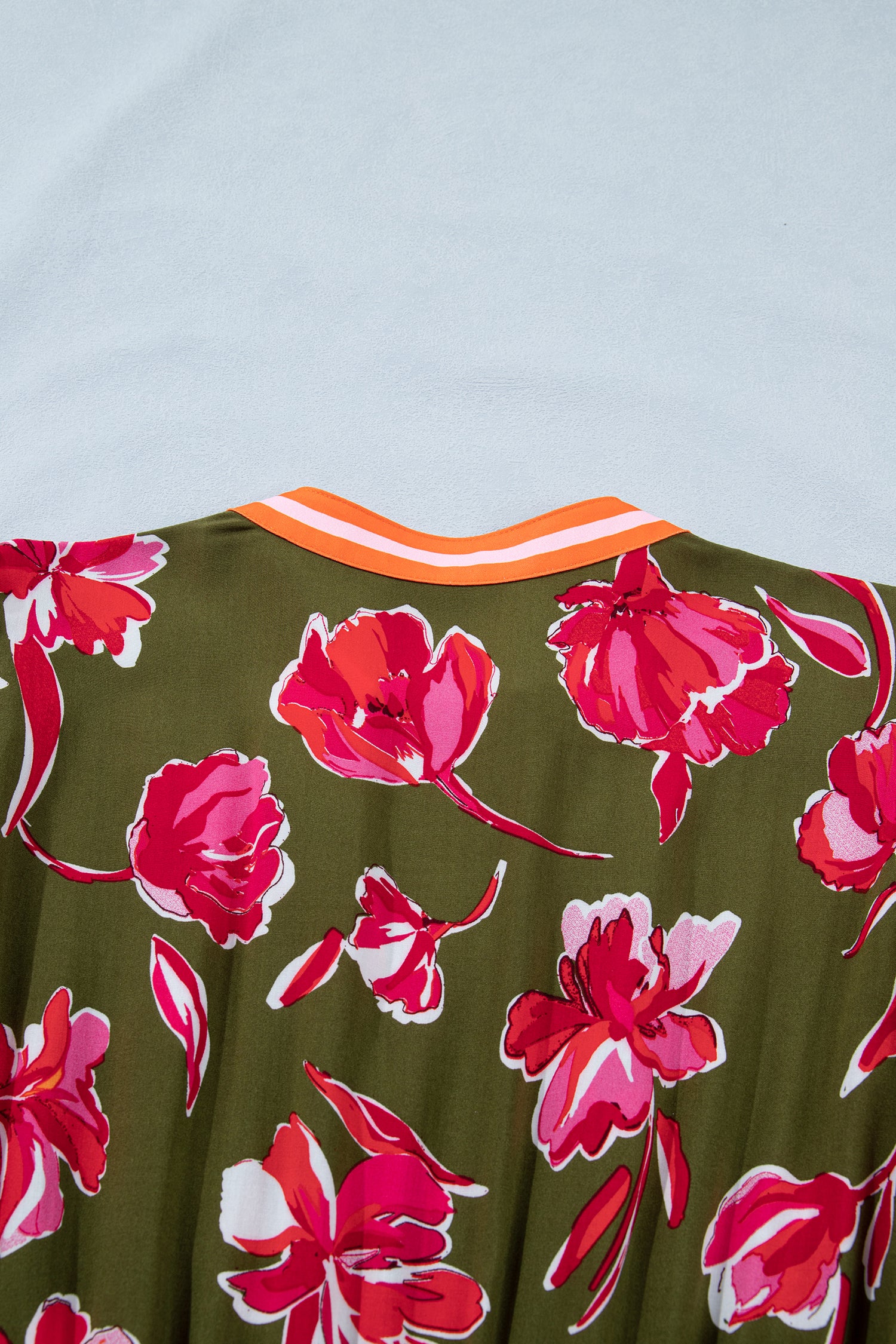 Green Floral Print Striped Trim Split Neck Short Puff Sleeve Ruffle Hem Maxi Dress-Dresses/Maxi Dresses-[Adult]-[Female]-2022 Online Blue Zone Planet