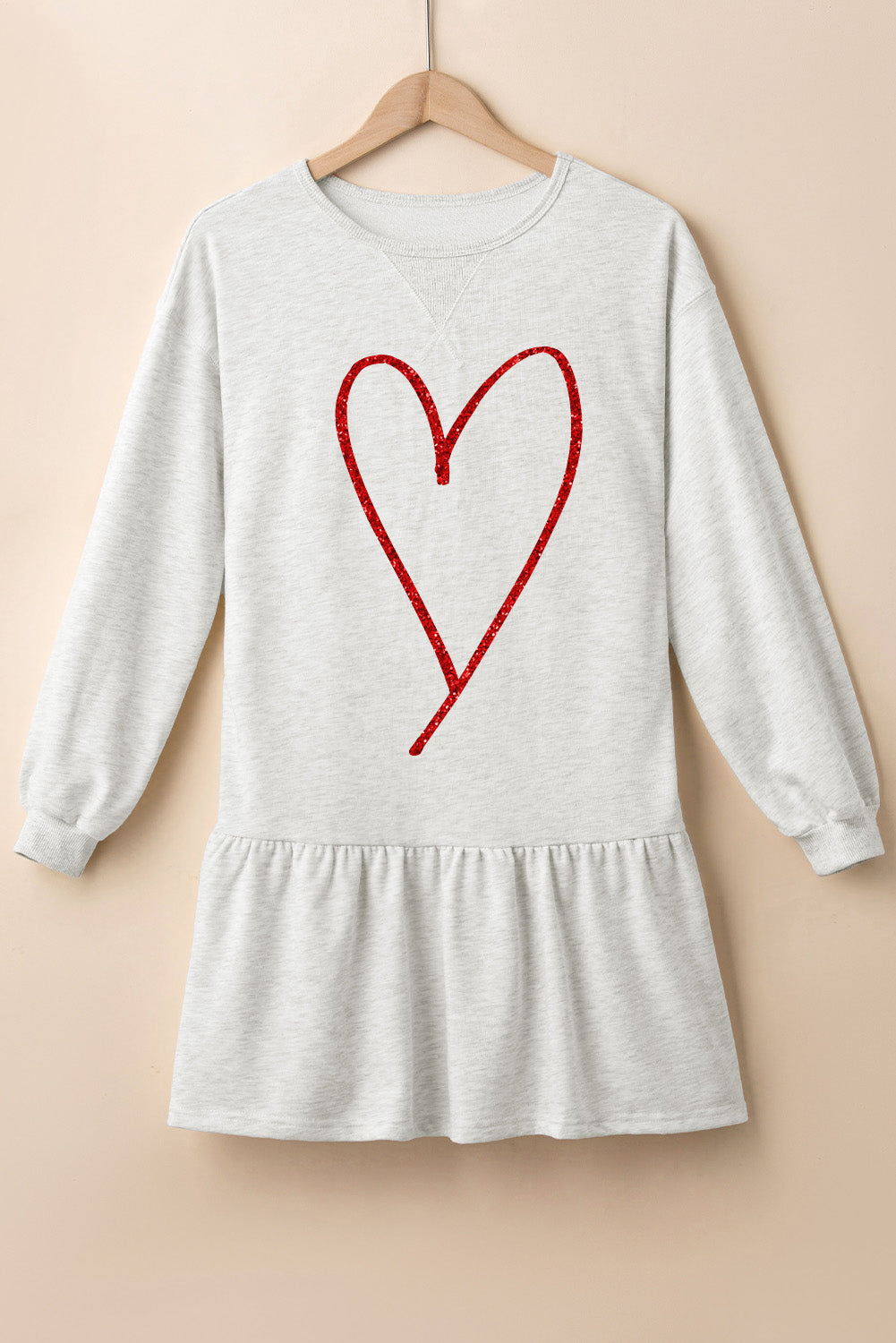 Dusty Pink Shimmer Heart Graphic Long Sleeve Ruffle Hem Dress-Graphic Apparel-[Adult]-[Female]-2022 Online Blue Zone Planet