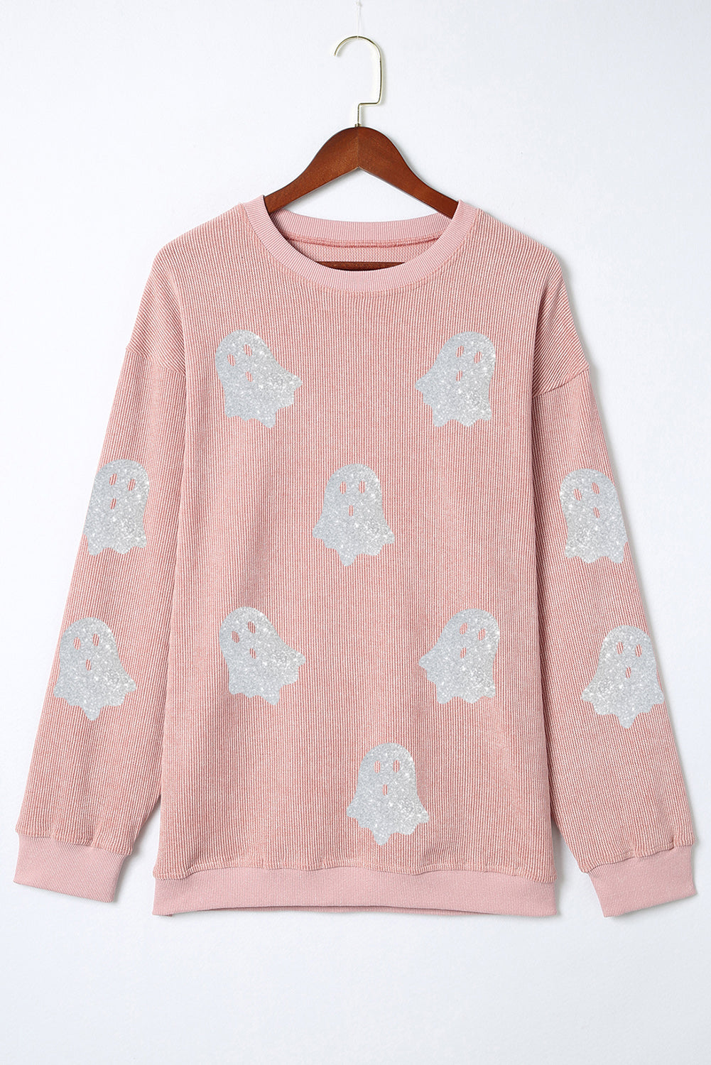 Pink Halloween Ghost Corded Crew Neck Loose Sweatshirt-Graphic/Graphic Sweatshirts-[Adult]-[Female]-2022 Online Blue Zone Planet