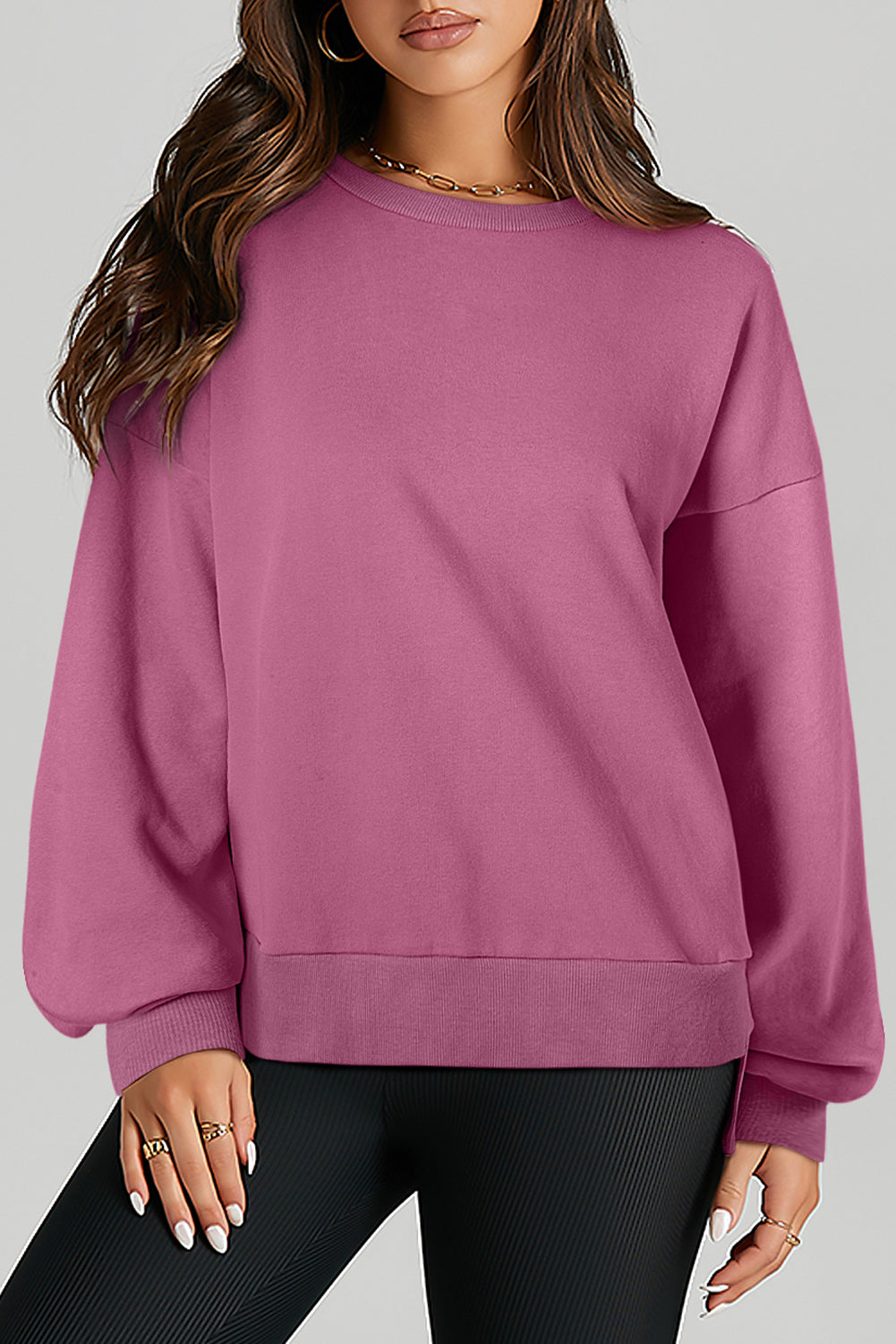 Parchment Solid O Neck High Low Hem Pullover Sweatshirt-Tops/Sweatshirts & Hoodies-[Adult]-[Female]-Valerian-S-2022 Online Blue Zone Planet