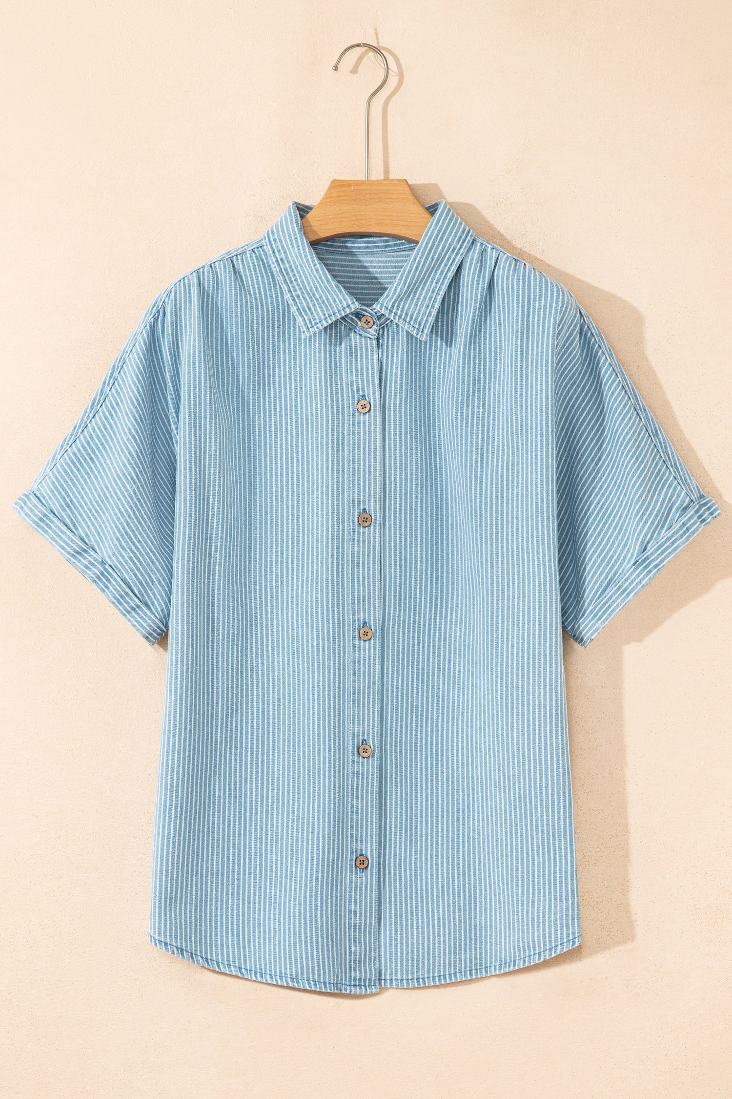 Sky Blue Stripe Cuffed Short Sleeve Button up Loose Shirt-Tops/Blouses & Shirts-[Adult]-[Female]-2022 Online Blue Zone Planet