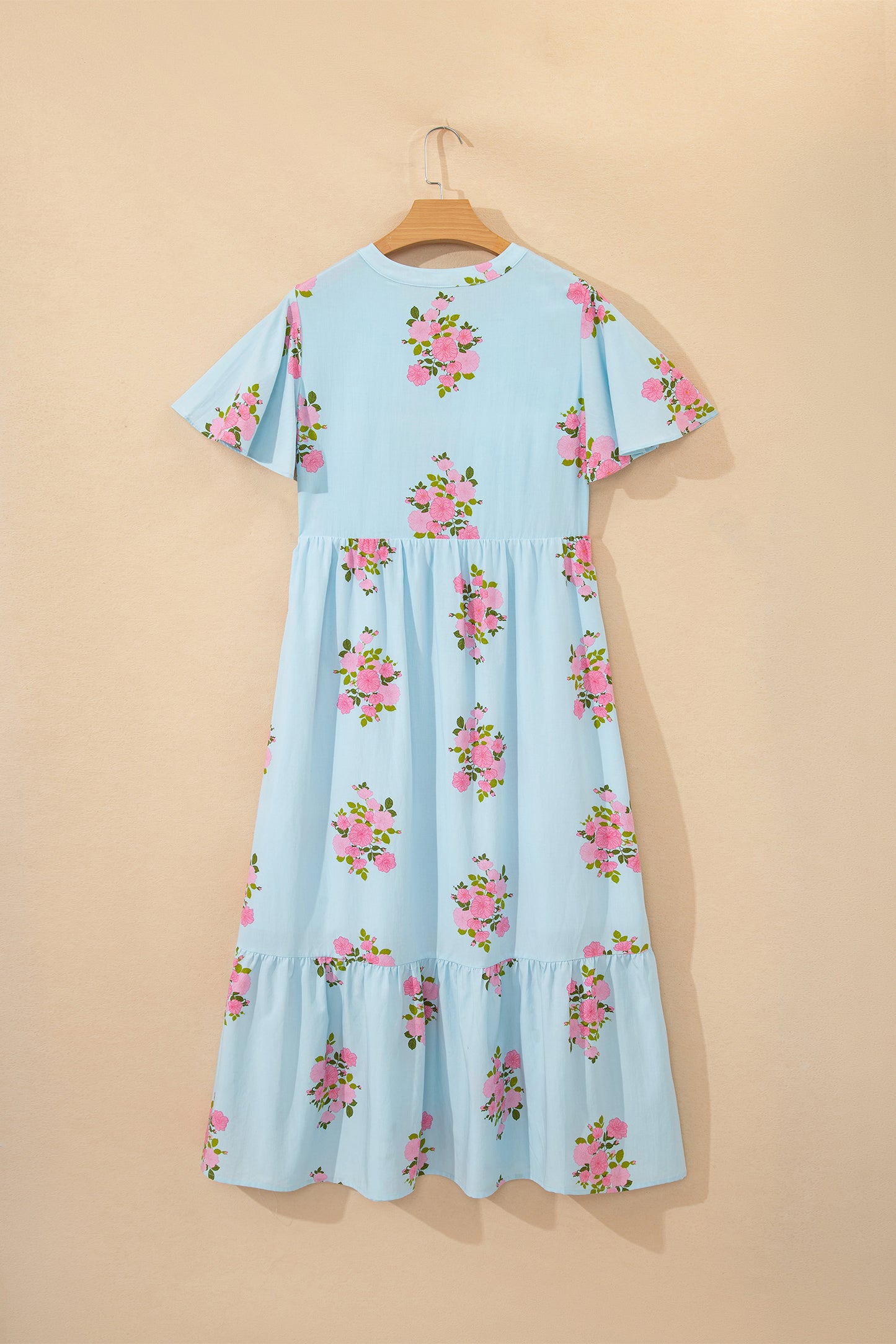 Sky Blue Notched Neck Flutter Short Sleeve Floral Print Maxi Dress-TOPS / DRESSES-[Adult]-[Female]-2022 Online Blue Zone Planet
