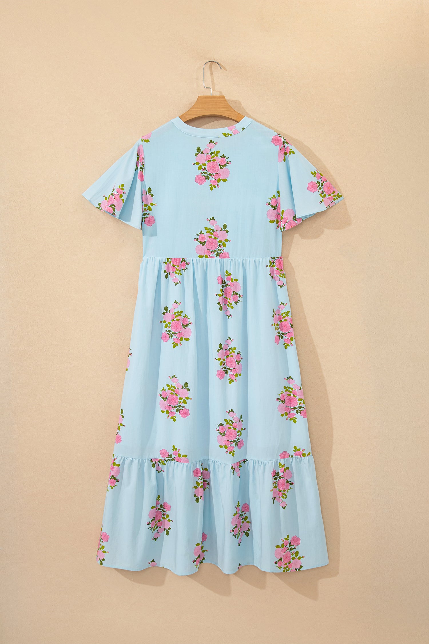 Sky Blue Notched Neck Flutter Short Sleeve Floral Print Maxi Dress-TOPS / DRESSES-[Adult]-[Female]-2022 Online Blue Zone Planet