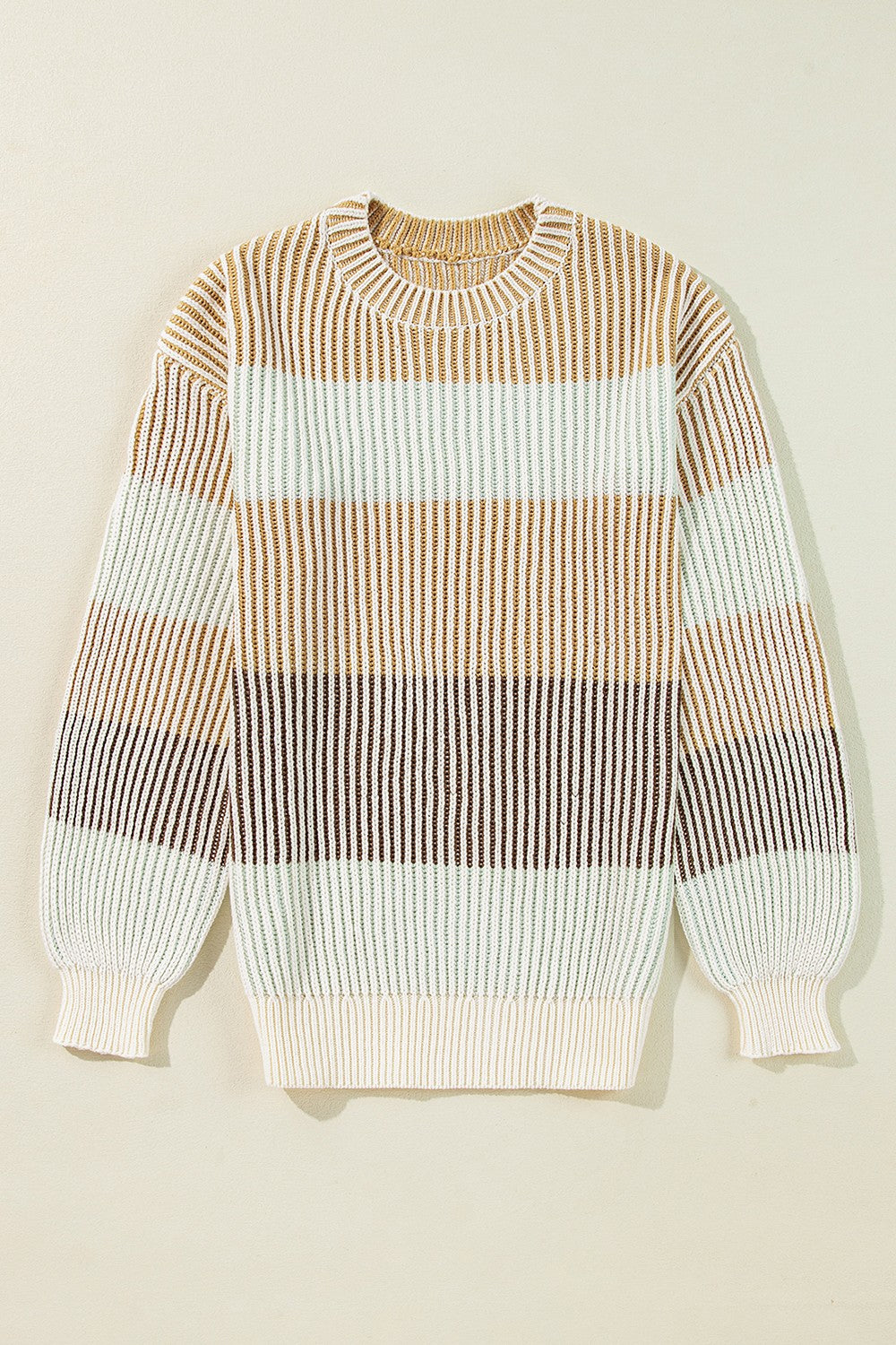 Striped Color Block Round Neck Long Sleeve Sweater-TOPS / DRESSES-[Adult]-[Female]-Tan-S-2022 Online Blue Zone Planet