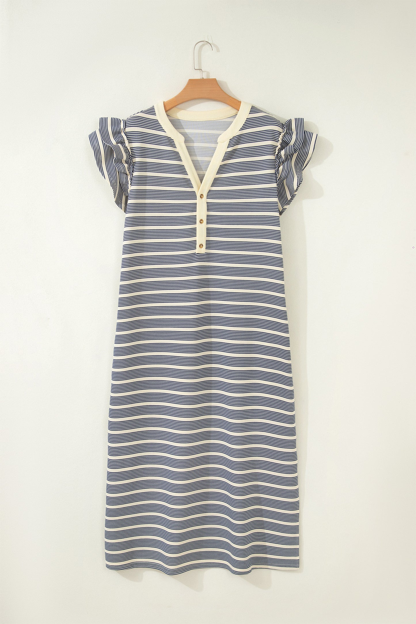Blue Stripe Plus Size Contrast Trim Button V Neck Ruffle Sleeve Shift Dress-TOPS / DRESSES-[Adult]-[Female]-2022 Online Blue Zone Planet