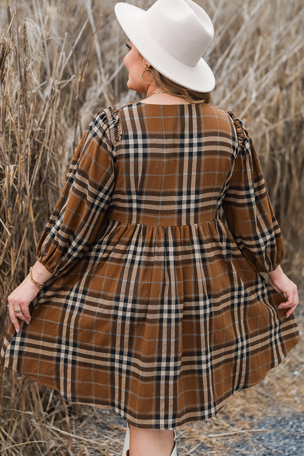 Blue Zone Planet | Brown Printed Plaid V Neck Plus Size Babydoll Dress-TOPS / DRESSES-[Adult]-[Female]-2022 Online Blue Zone Planet