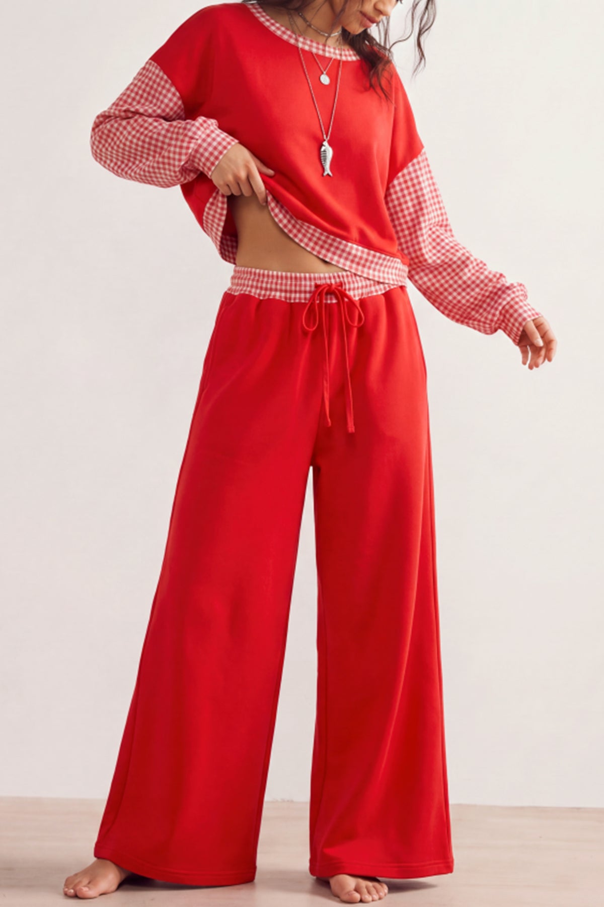 Fiery Red Contrast Plaid Long Puff Sleeve Back Cutout Top Wide Leg Pants Set-Two Piece Sets/Pant Sets-[Adult]-[Female]-2022 Online Blue Zone Planet