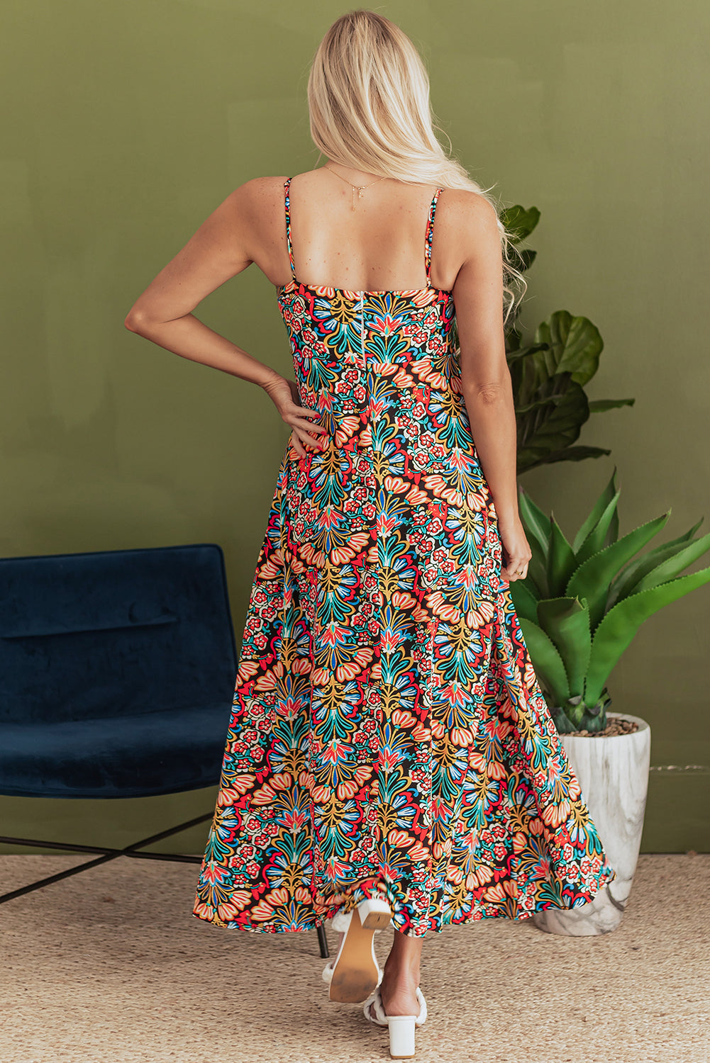 Black Boho Floral Print Thin Straps Sleeveless High Waist Maxi Dress-Dresses/Floral Dresses-[Adult]-[Female]-2022 Online Blue Zone Planet