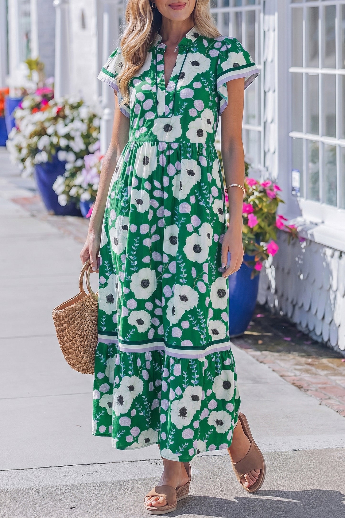 Green V Neck Ruffled Short Sleeve Flower Maxi Dress-TOPS / DRESSES-[Adult]-[Female]-2022 Online Blue Zone Planet
