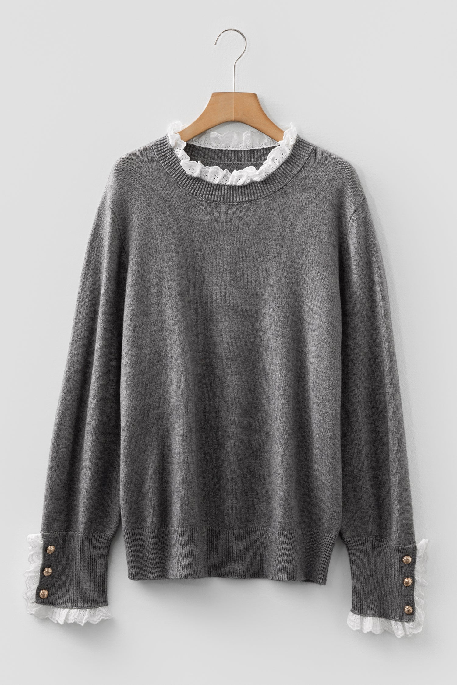 Sleet Lace Trim Patchwork Buttoned Cuffs Loose Sweater-TOPS / DRESSES-[Adult]-[Female]-2022 Online Blue Zone Planet