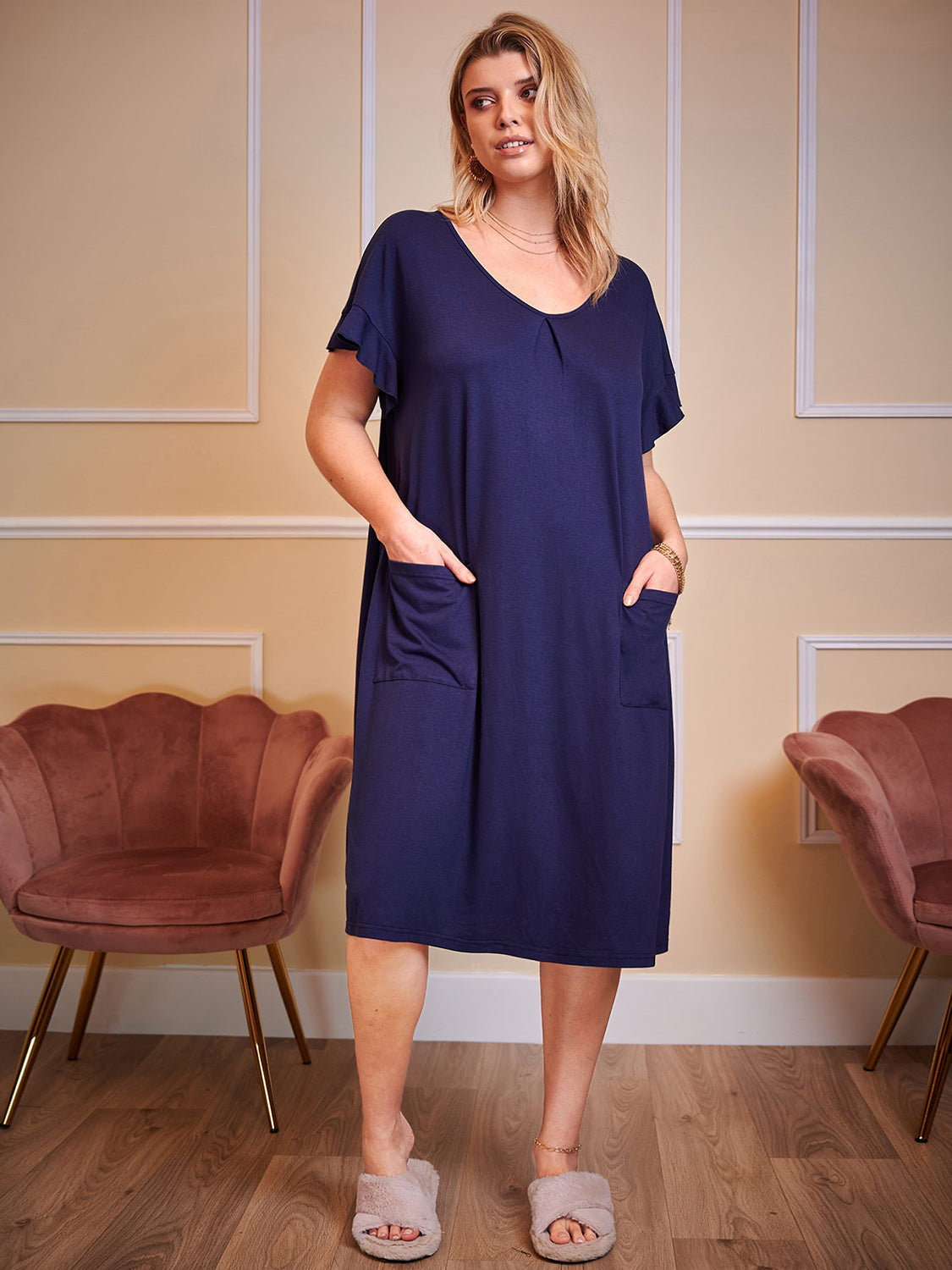 Plus Size Round Neck Short Sleeve Lounge Dress-TOPS / DRESSES-[Adult]-[Female]-2022 Online Blue Zone Planet