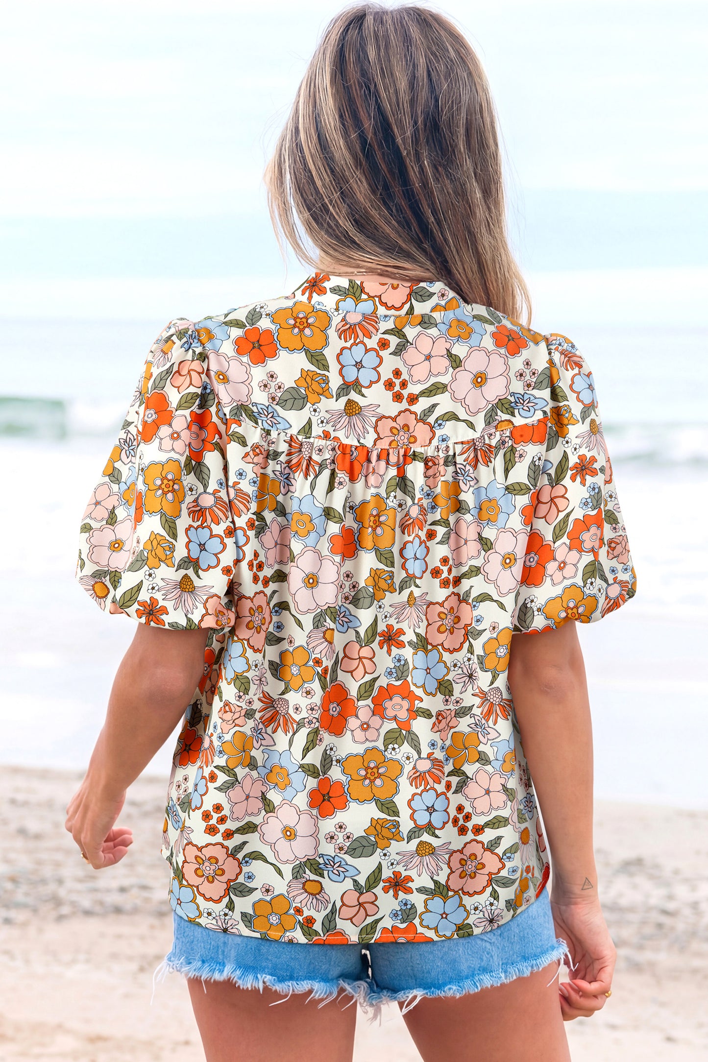 Multicolour Crochet V Neckline Puff Sleeve Boho Flower Blouse-Tops/Blouses & Shirts-[Adult]-[Female]-2022 Online Blue Zone Planet