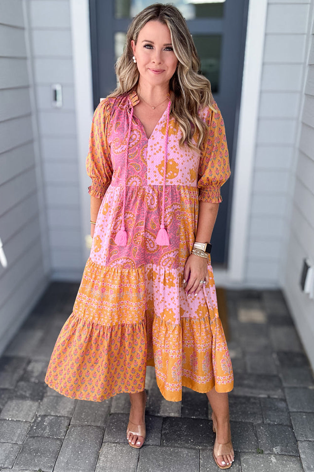Pink Boho Paisley Floral Mixed Patchwork Tassel Tie Plus Size Midi Dress-Plus Size/Plus Size Dresses/Plus Size Maxi Dresses-[Adult]-[Female]-2022 Online Blue Zone Planet